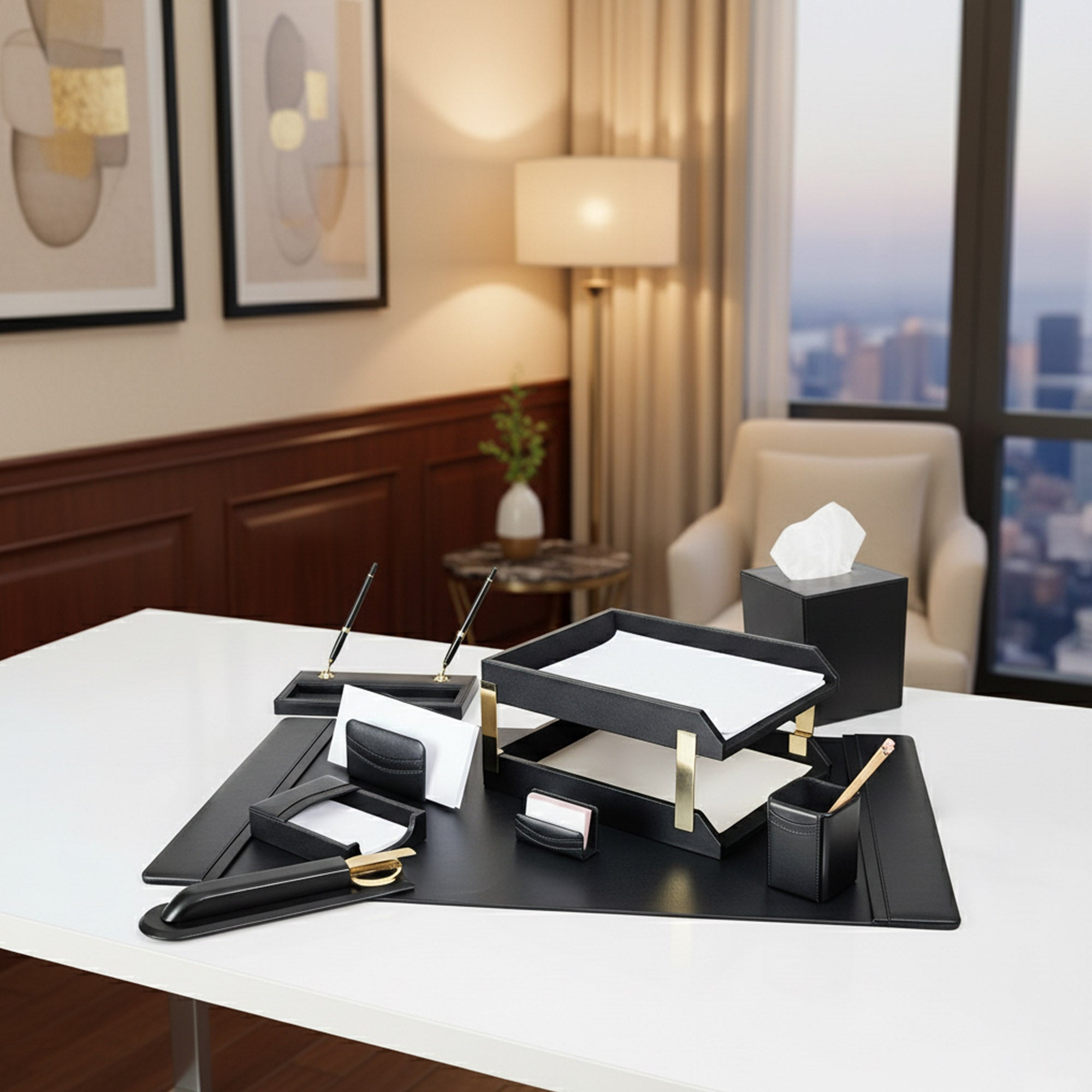 Black Leather 11-Piece Desk Set, Gold Accent