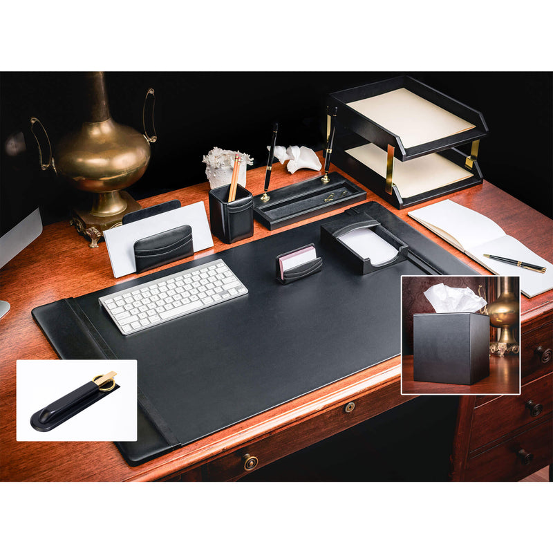 Black Leather 11-Piece Desk Set, Gold Accent