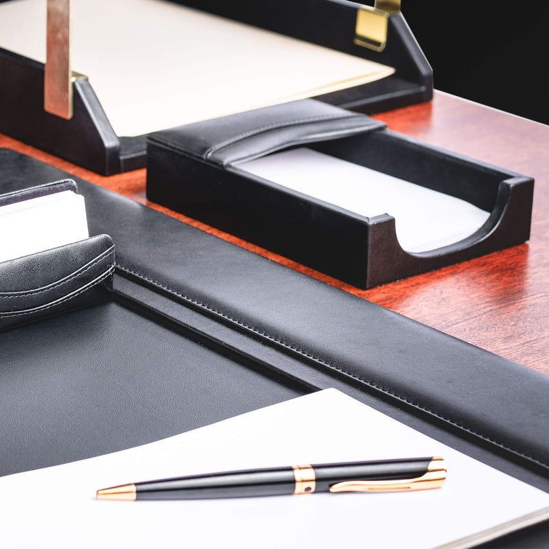 Black Leather 11-Piece Desk Set, Gold Accent