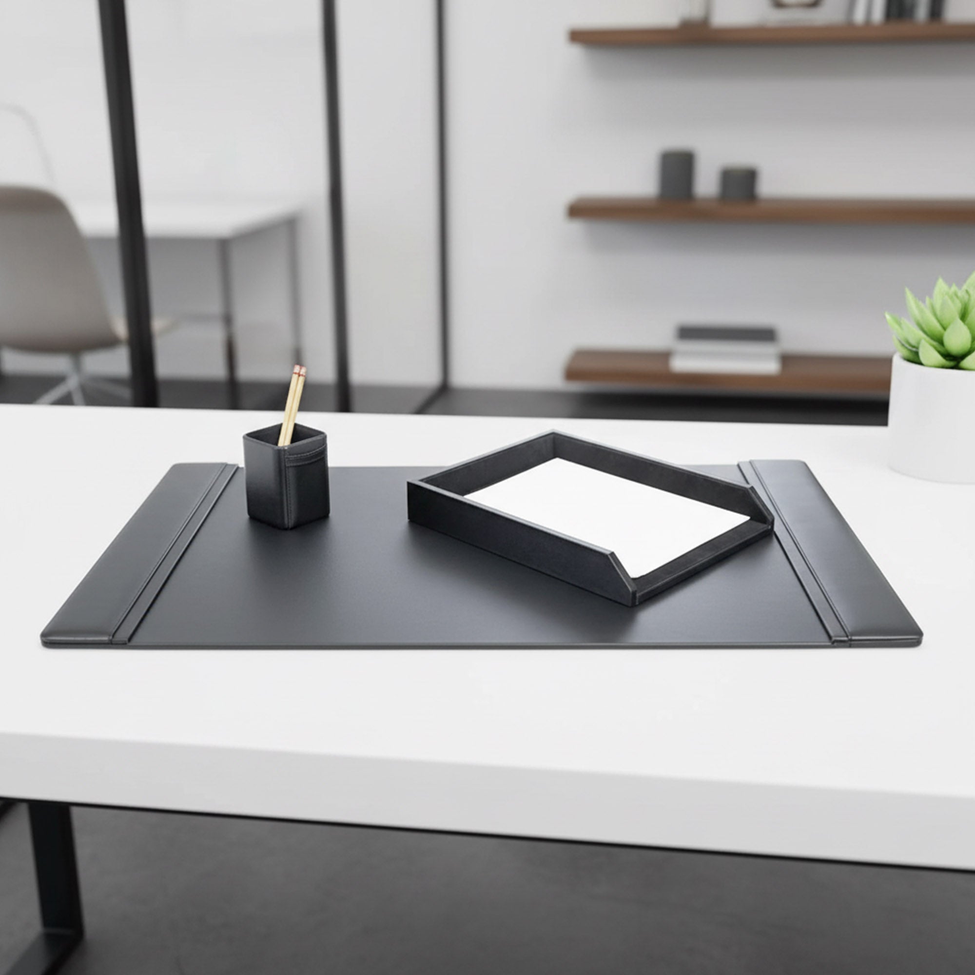 Classic Black Leather 3-Piece Desk Set