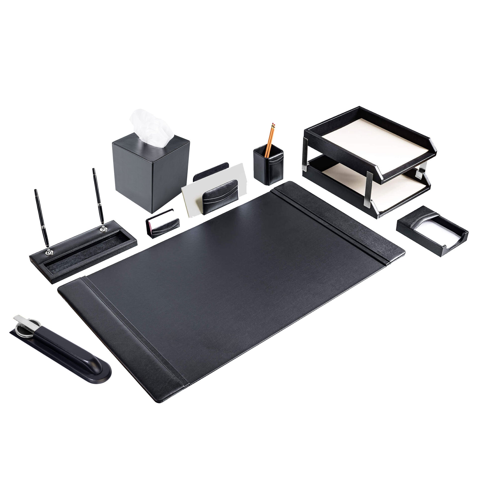 Classic Black Leather 11-Piece Desk Set, Silver Accent