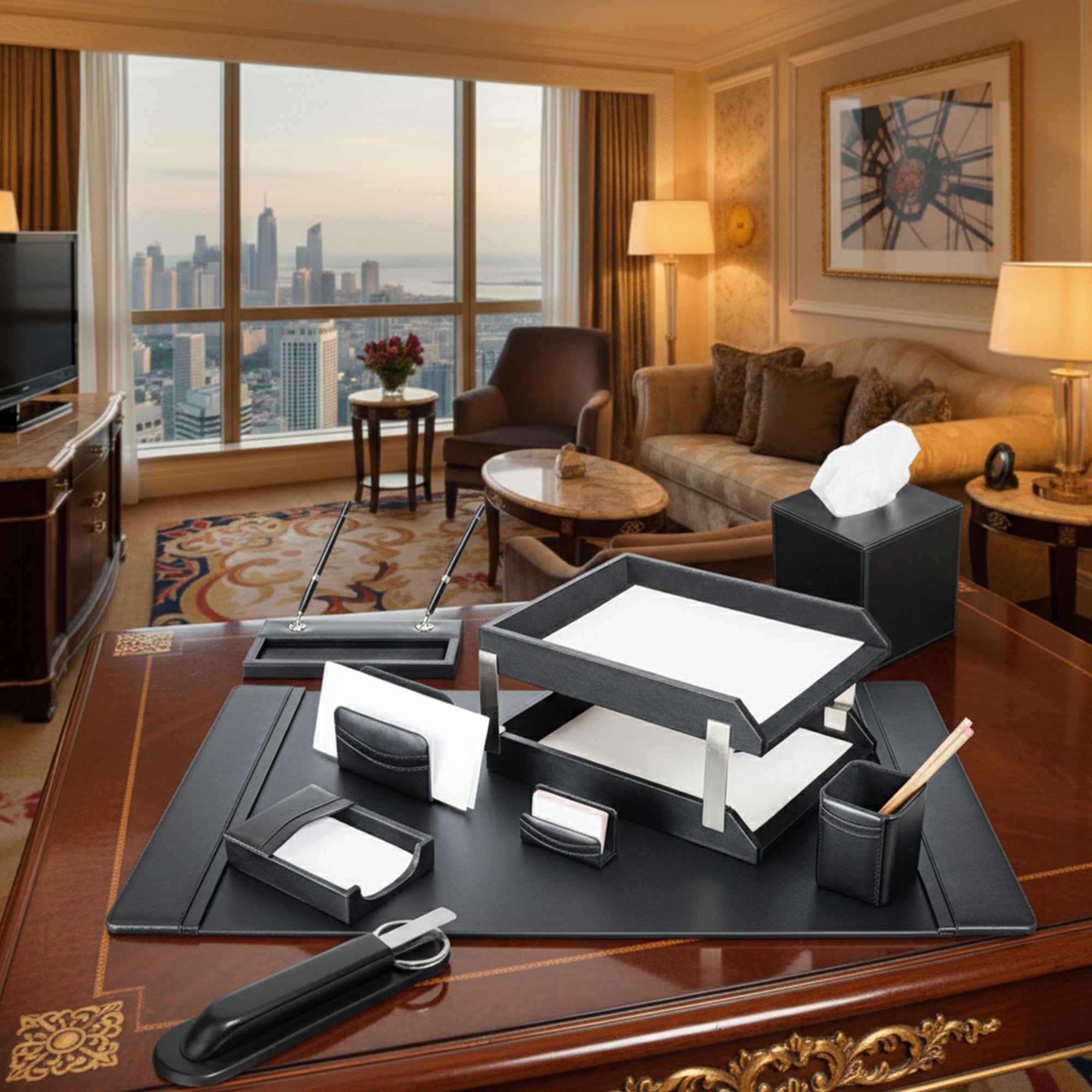 Classic Black Leather 11-Piece Desk Set, Silver Accent