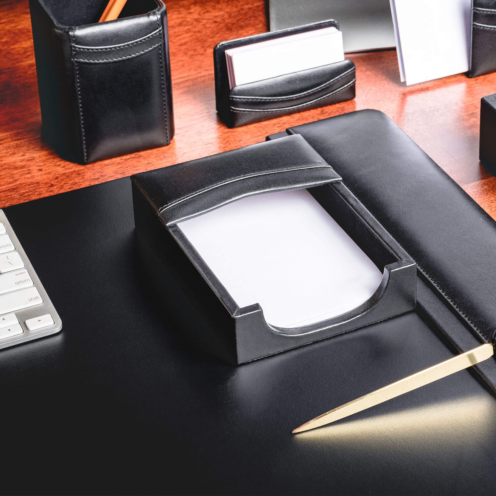 Classic Black Leather 11-Piece Desk Set, Silver Accent