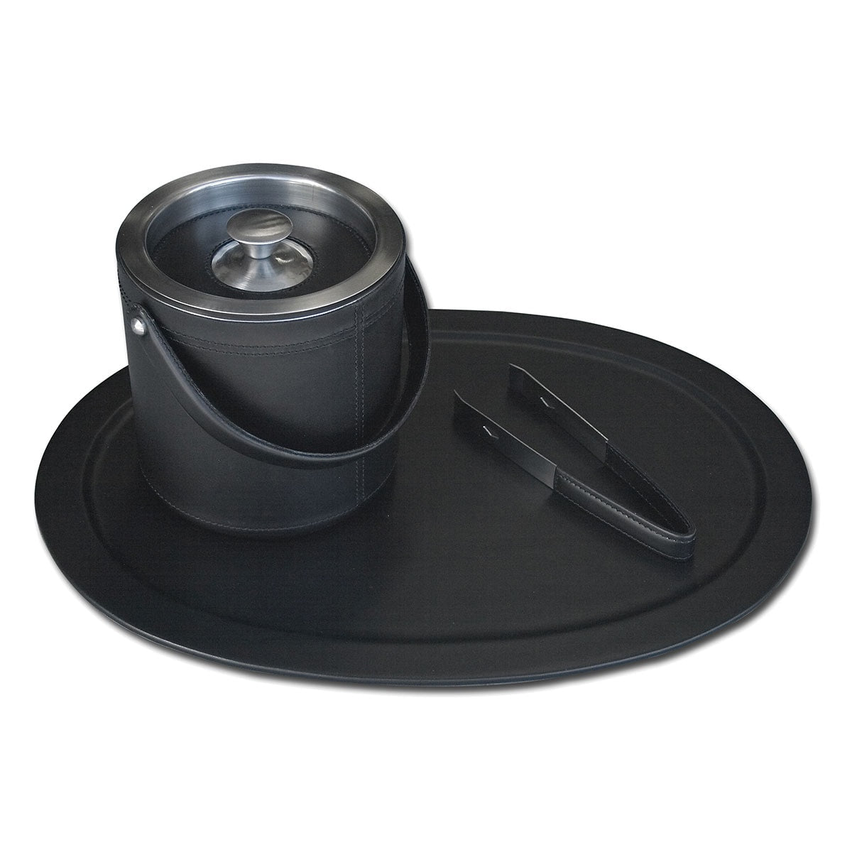 Classic Black Leather 3-Piece Ice Bucket Set