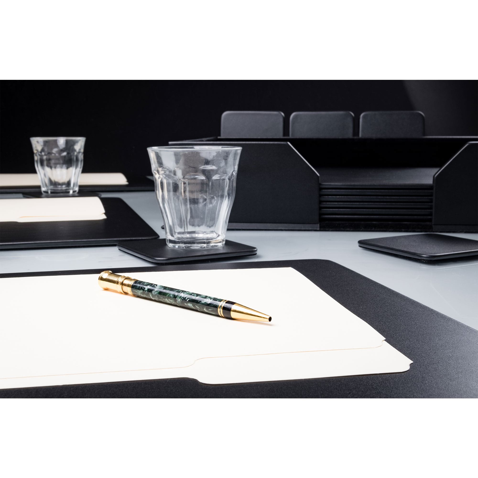 10 Seat Black Leather Conference Room Set w/ Square Coasters, 17 x 14 Size Pads