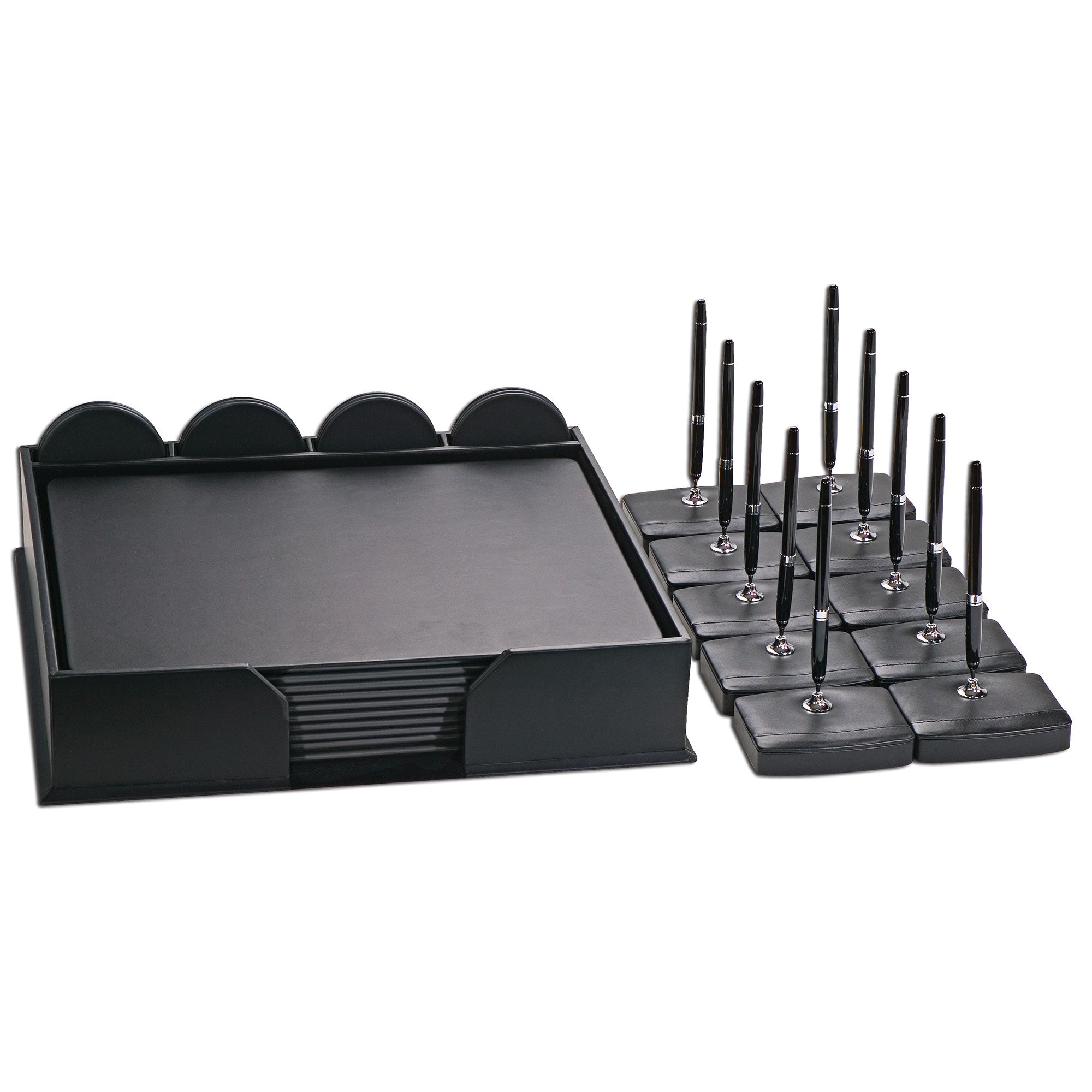 10 Seat Black Leather Conference Room Set w/ Round Coasters and Pen Stands