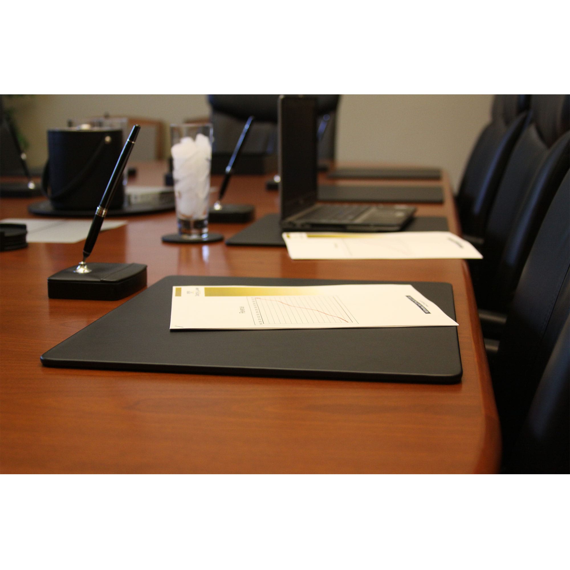10 Seat Black Leather Conference Room Set w/ Round Coasters and Pen Stands