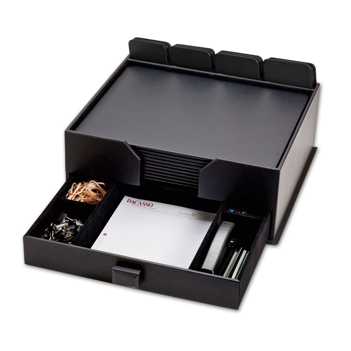 10 Seat Black Leather Conference Room Set w/ Square Coasters and Drawer Holder, 17 x 14 Size Pads