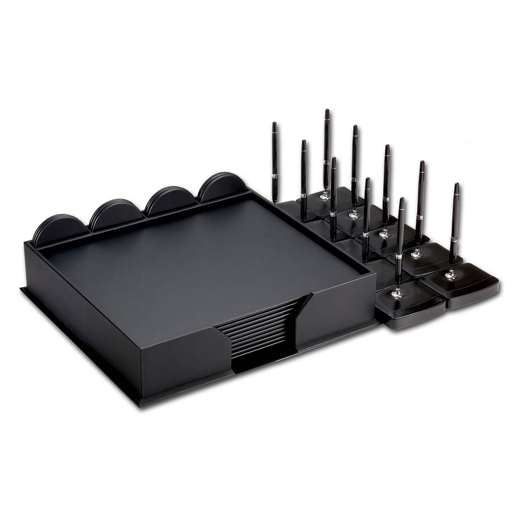 10 Seat Black Leatherette Conference Room Set w/ Round Coasters and Pen Stands