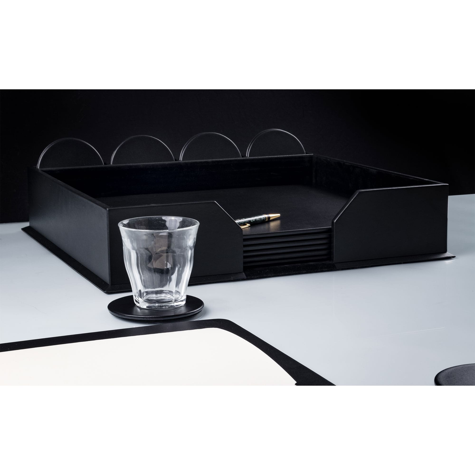 10 Seat Black Leatherette Conference Room Set w/ Round Coasters and Pen Stands, 17 x 14 Size Pads