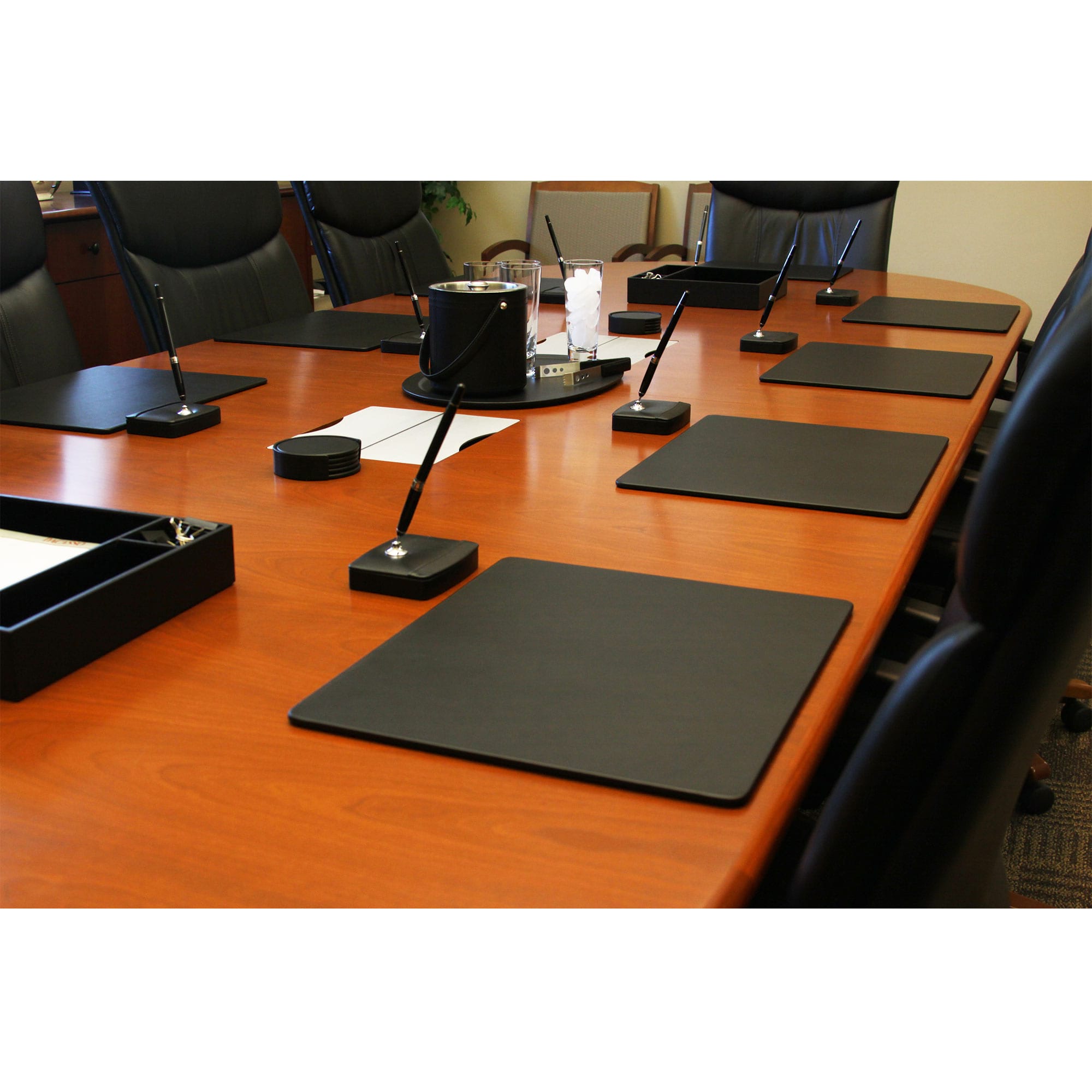 10 Seat Black Leatherette Conference Room Set w/ Round Coasters and Pen Stands, 17 x 14 Size Pads