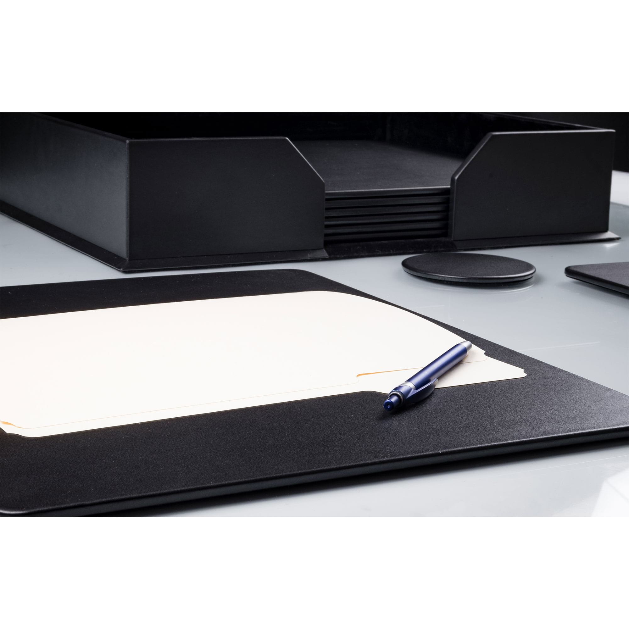 10 Seat Black Leatherette Conference Room Set w/ Round Coasters and Pen Stands, 17 x 14 Size Pads