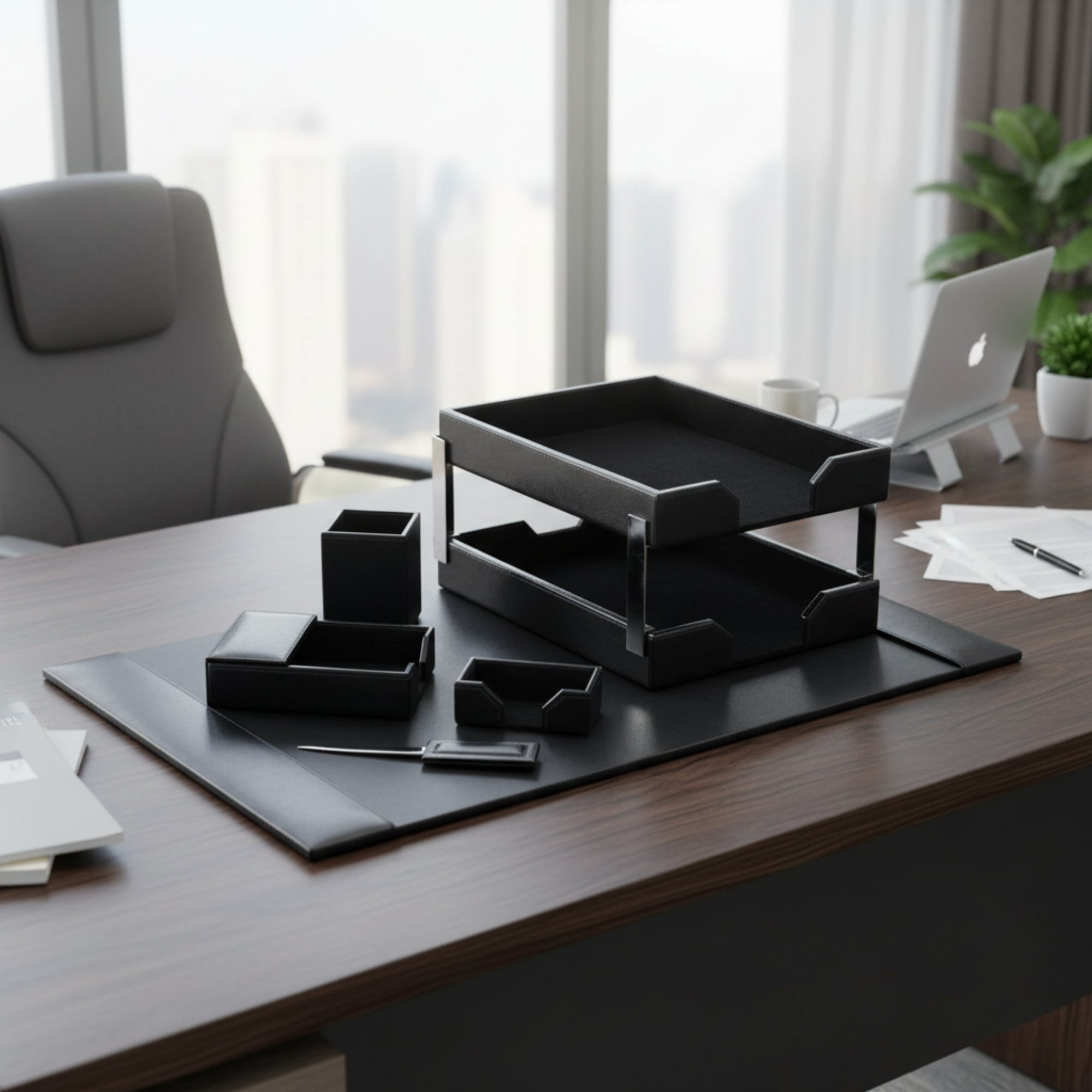 Black Bonded Leather 8-Piece Desk Set