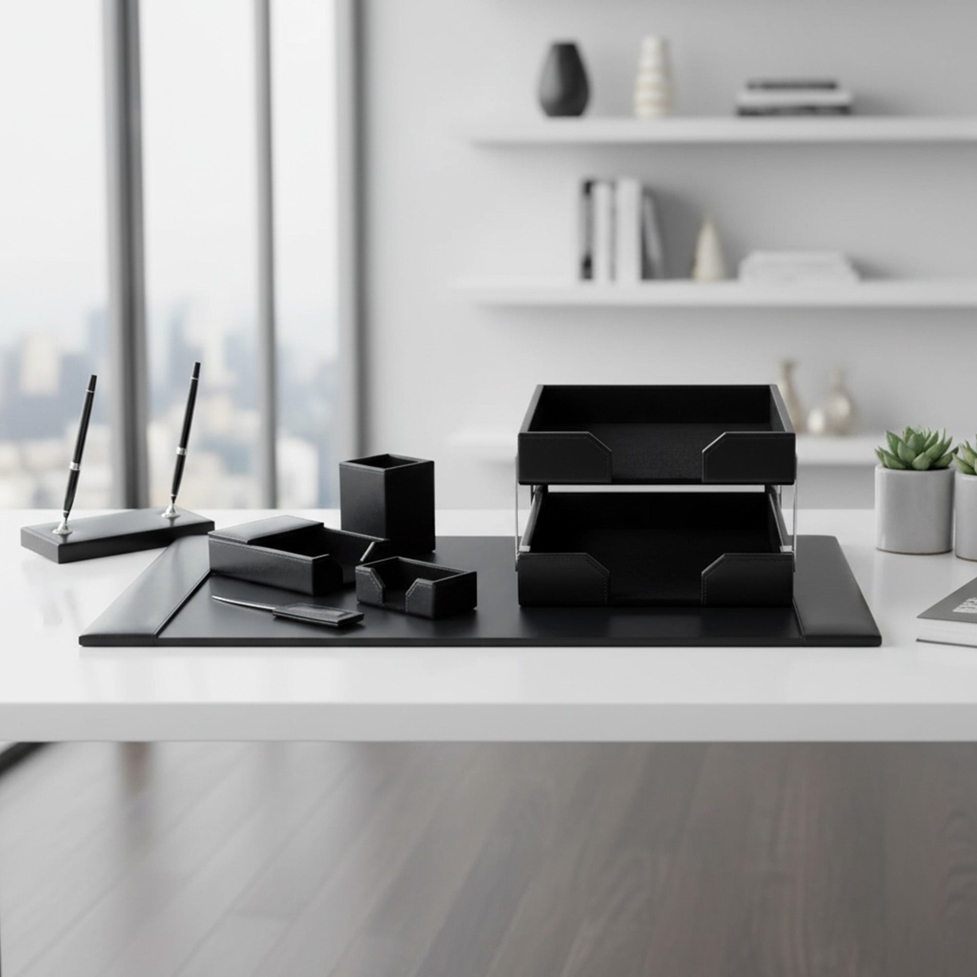 Black Bonded Leather 9-Piece Desk Set