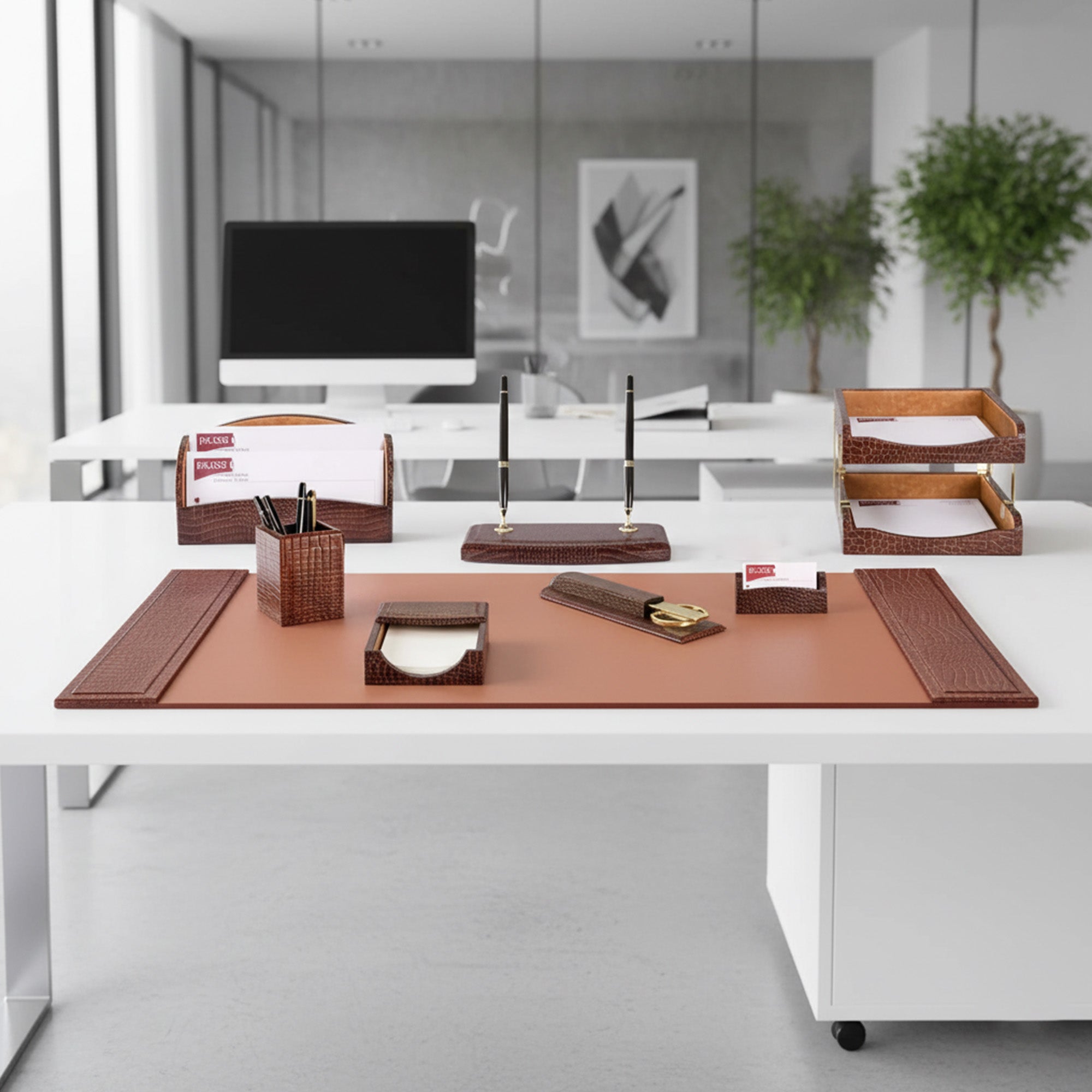 Brown Crocodile Embossed Leather 10-Piece Desk Set