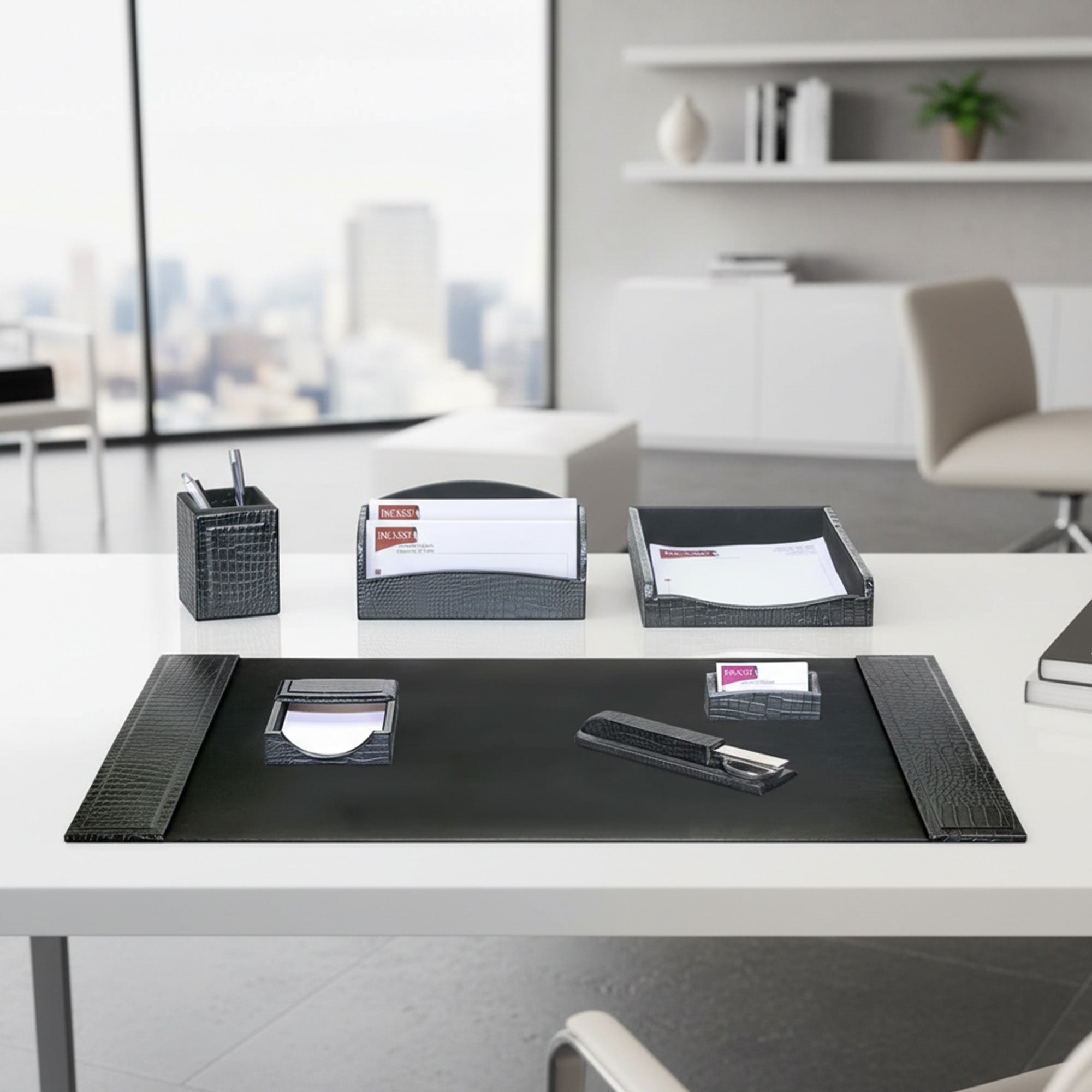 Black Crocodile Embossed Leather 7-Piece Desk Set