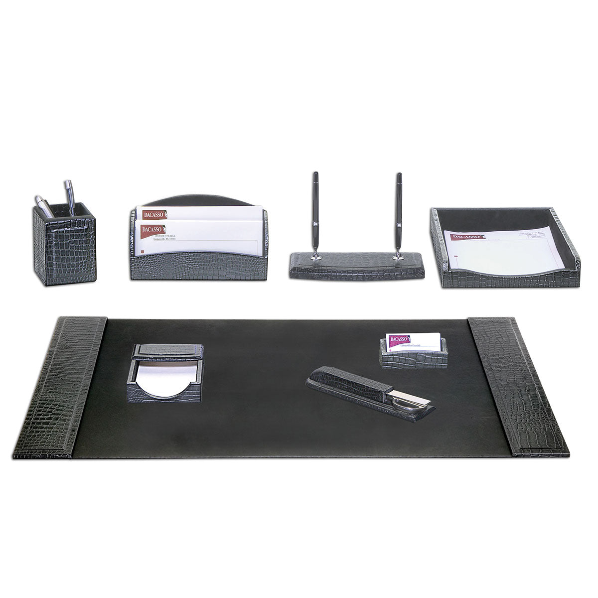Black Crocodile Embossed Leather 8-Piece Desk Set