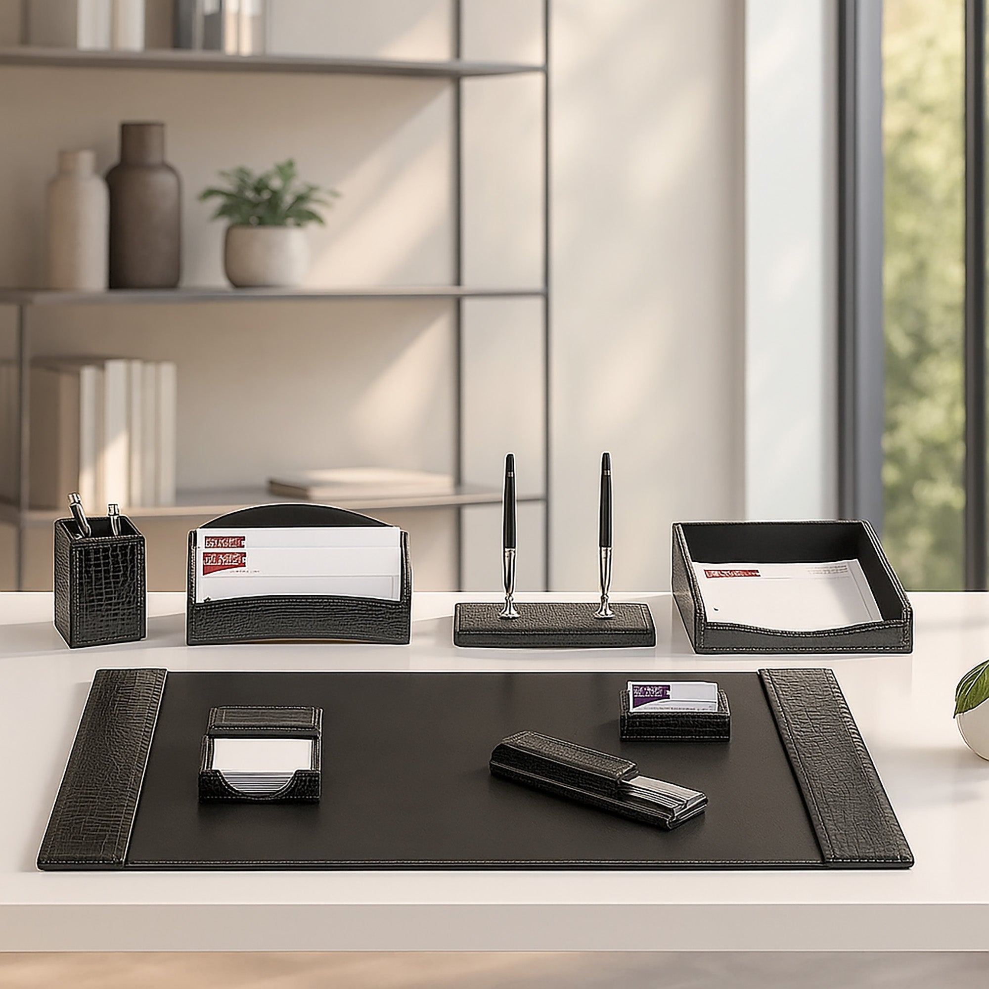 Black Crocodile Embossed Leather 8-Piece Desk Set