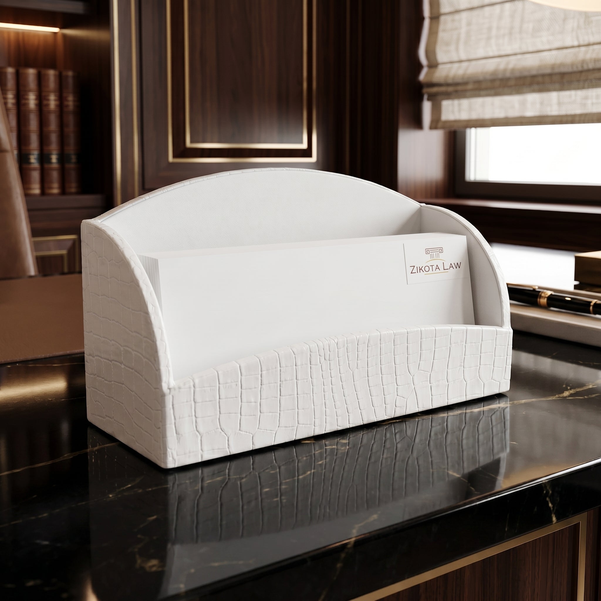 White Crocodile Embossed Leather Desk Set, 7pc