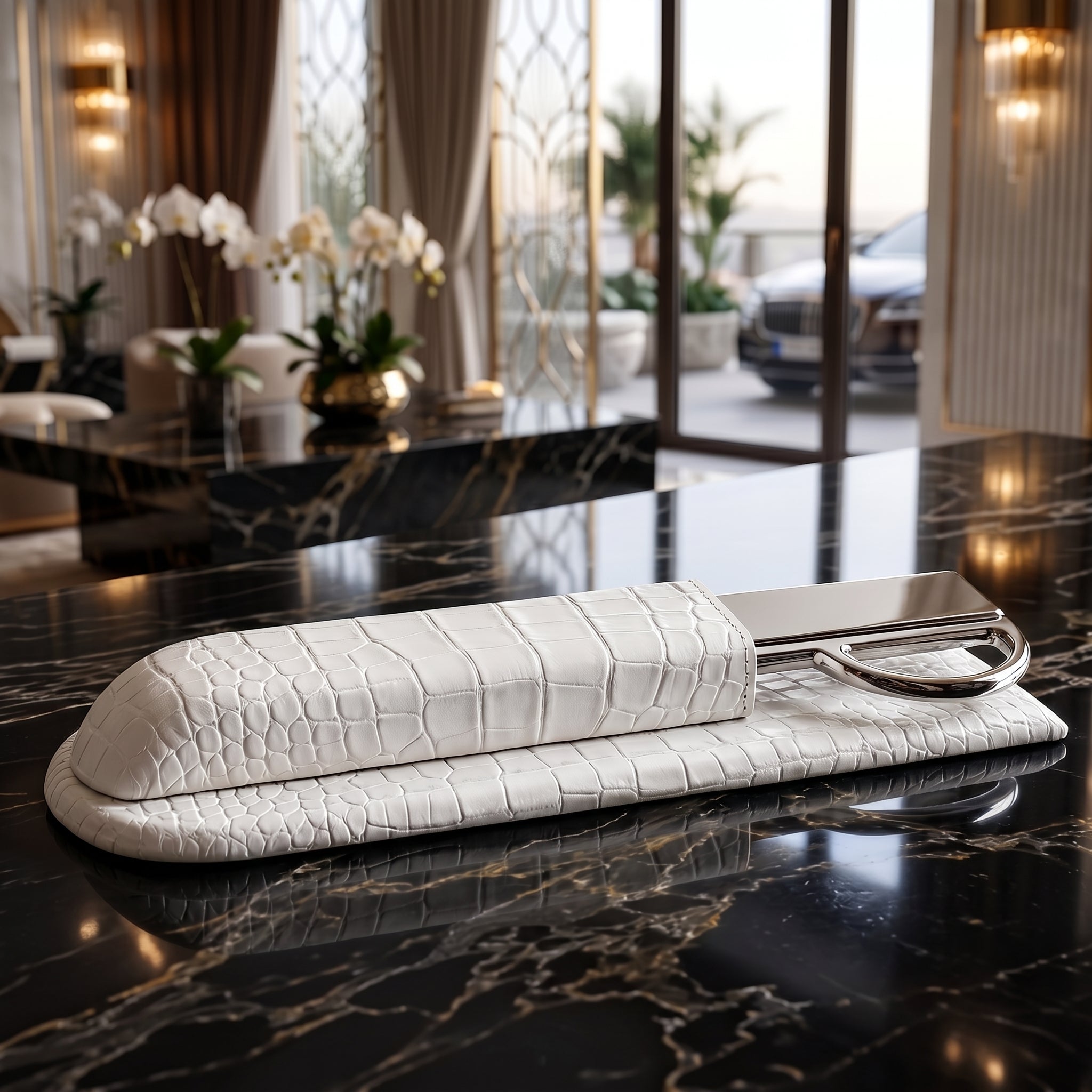 White Crocodile Embossed Leather Desk Set, 7pc