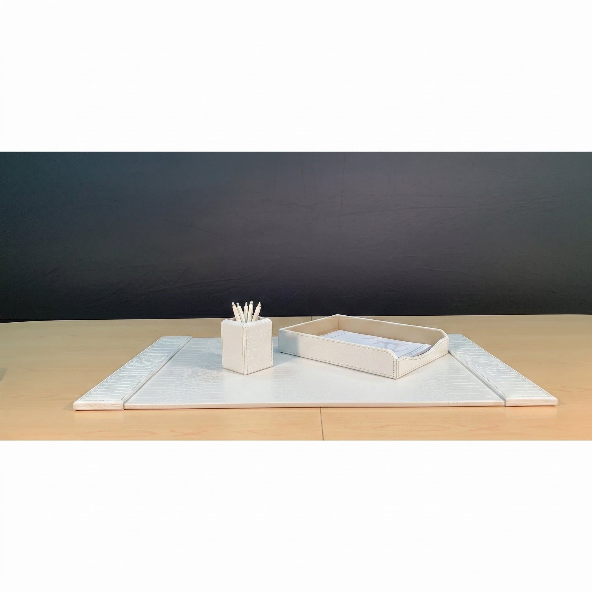 White Crocodile Embossed Leather 3-Piece Desk Set