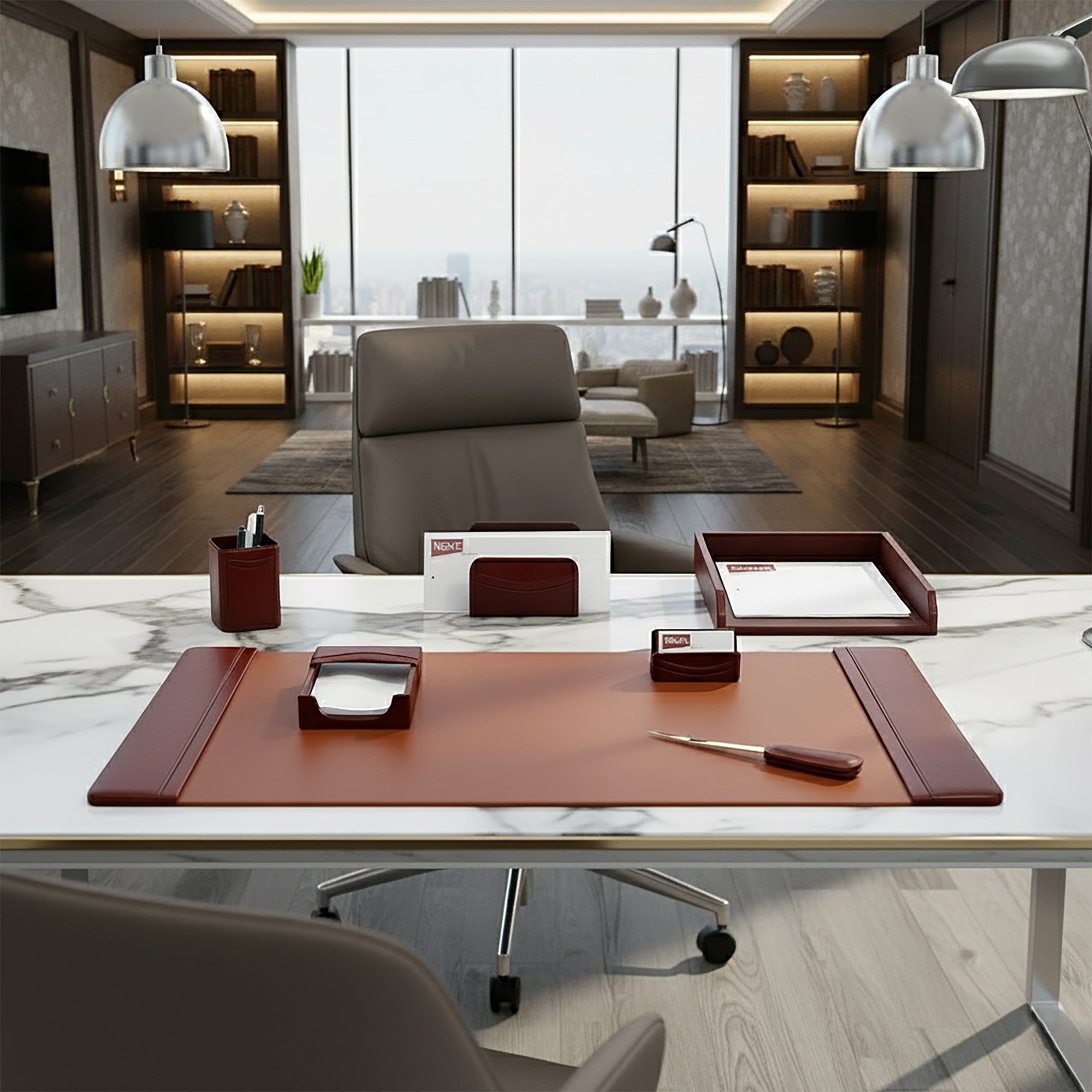 Mocha Leather 7-Piece Desk Set