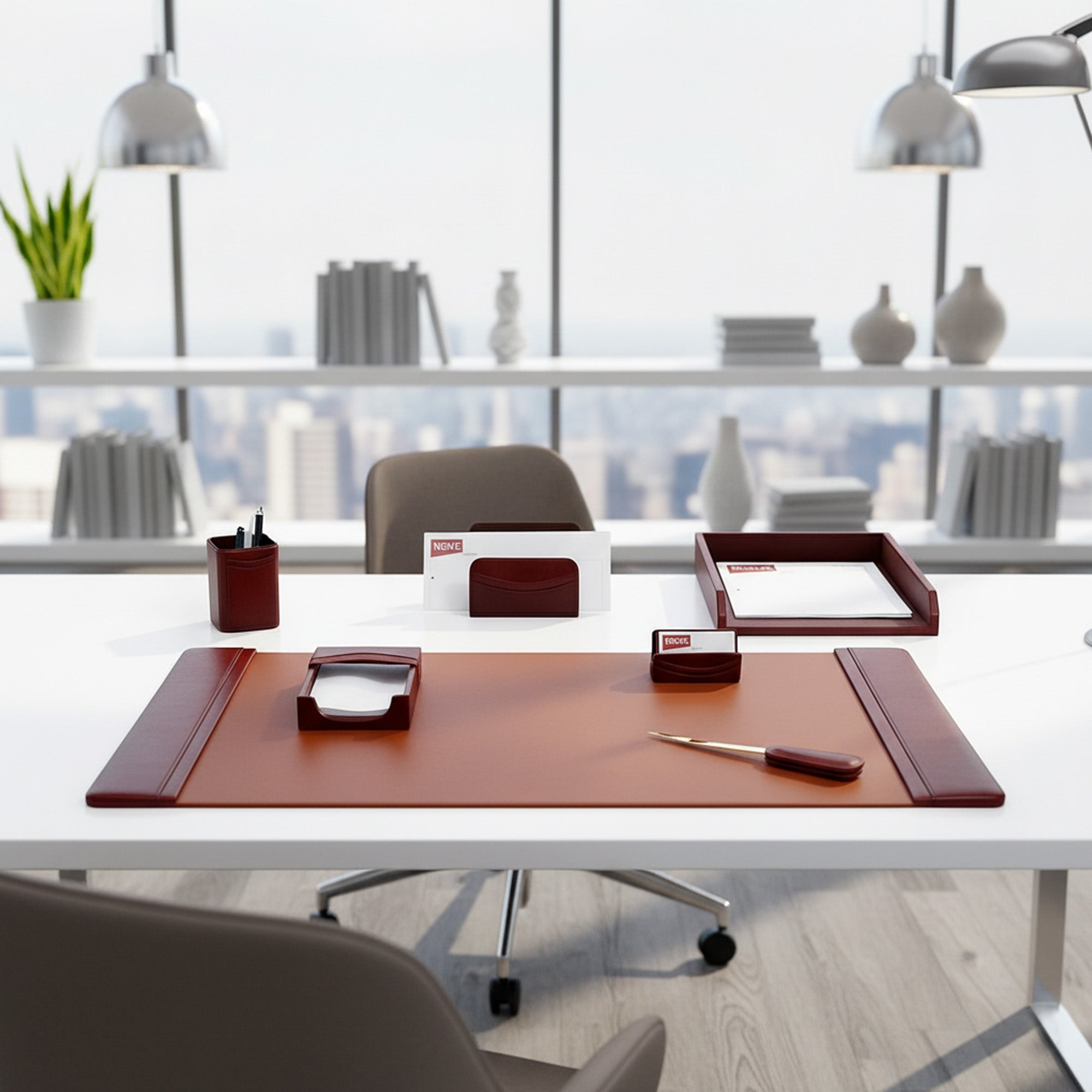 Mocha Leather 7-Piece Desk Set