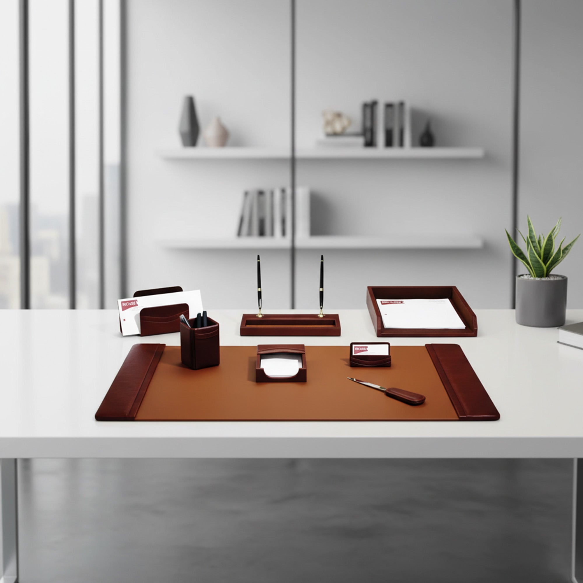 Mocha Leather 8-Piece Desk Set