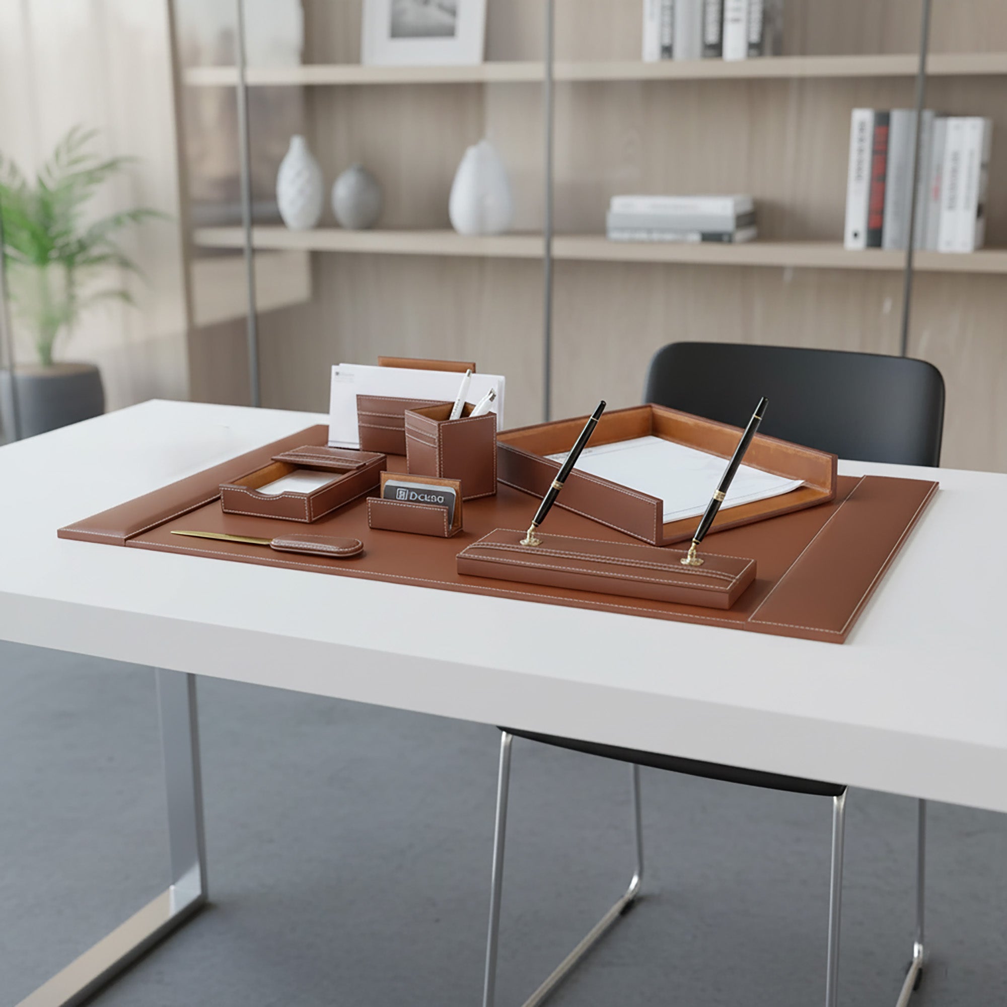 Rustic Brown Leather 8-Piece Desk Set