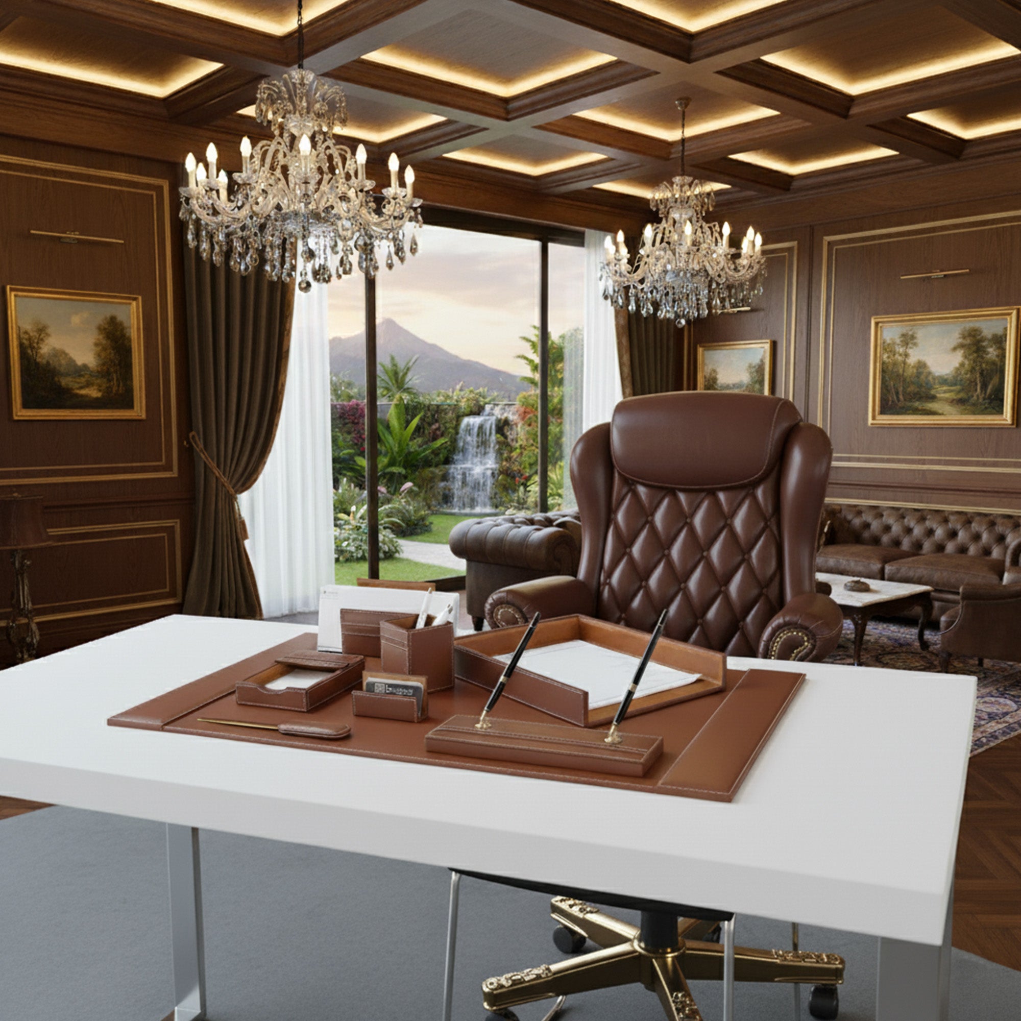 Rustic Brown Leather 8-Piece Desk Set