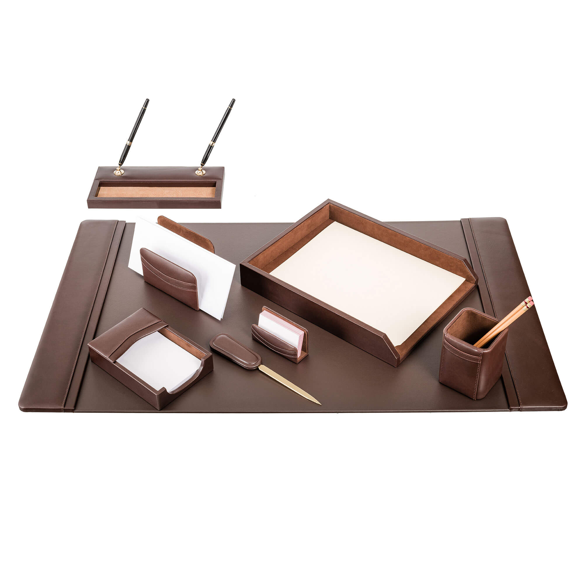 Chocolate Brown Leather 8-Piece Desk Set