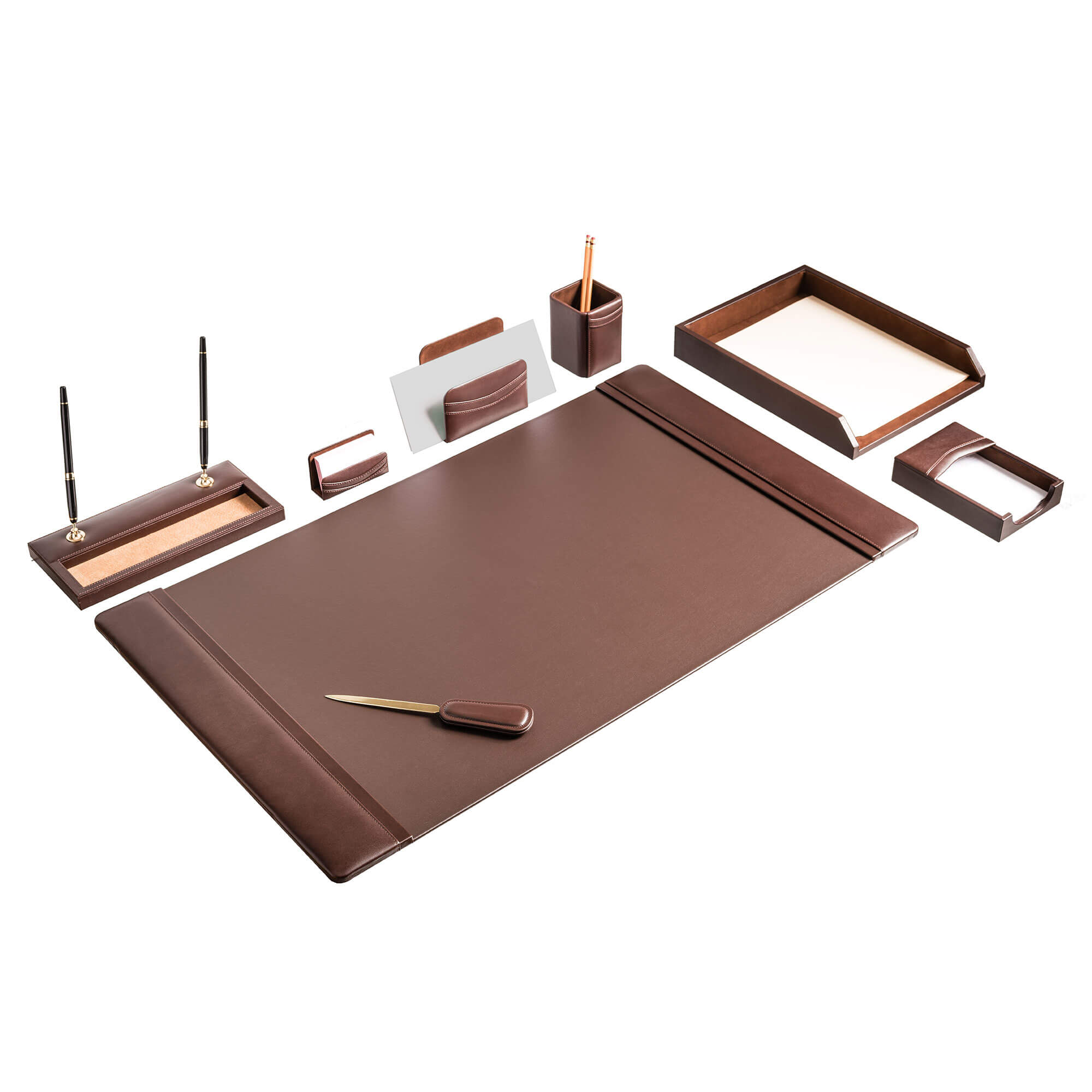Chocolate Brown Leather 8-Piece Desk Set