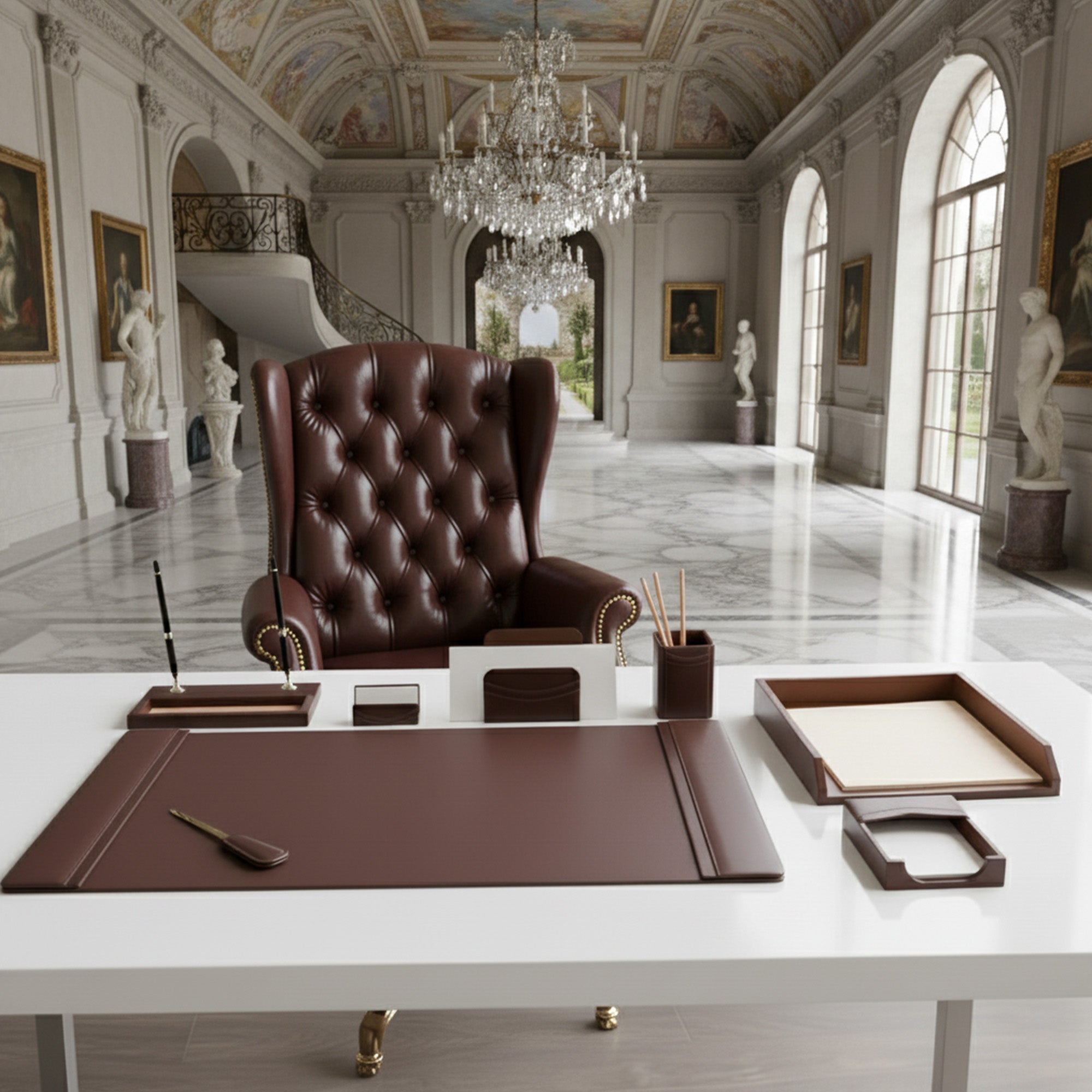 Chocolate Brown Leather 8-Piece Desk Set