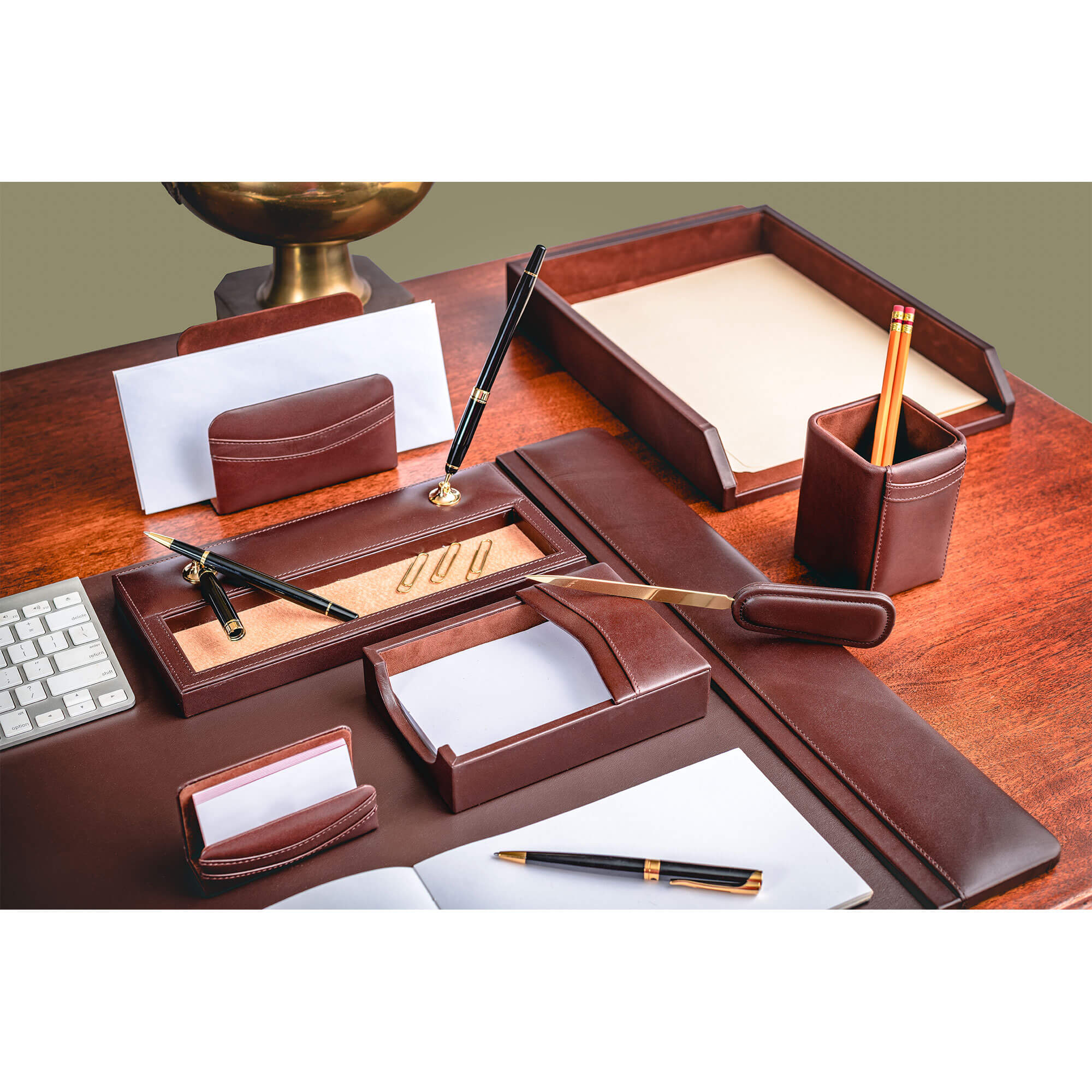 Chocolate Brown Leather 8-Piece Desk Set