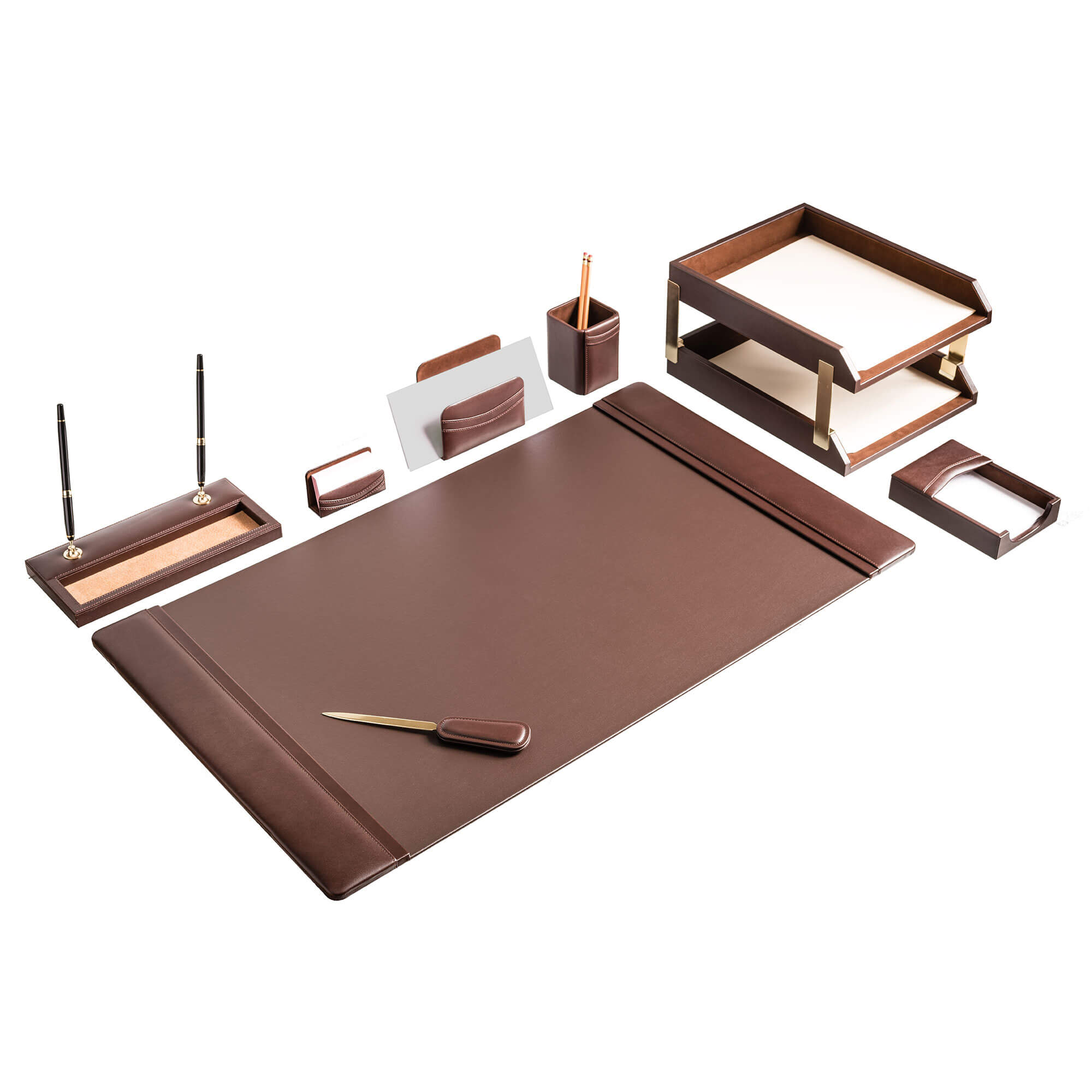 Chocolate Brown Leather 10-Piece Desk Set