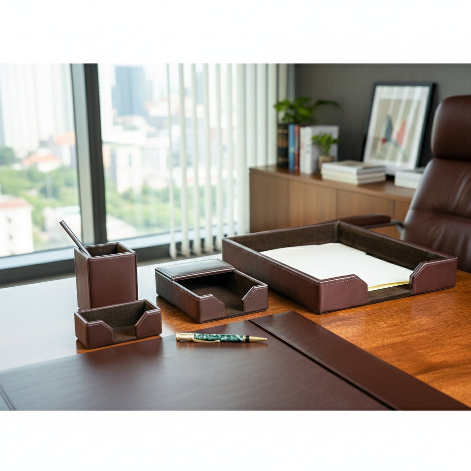 Dark Brown Bonded Leather 5-Piece Desk Set