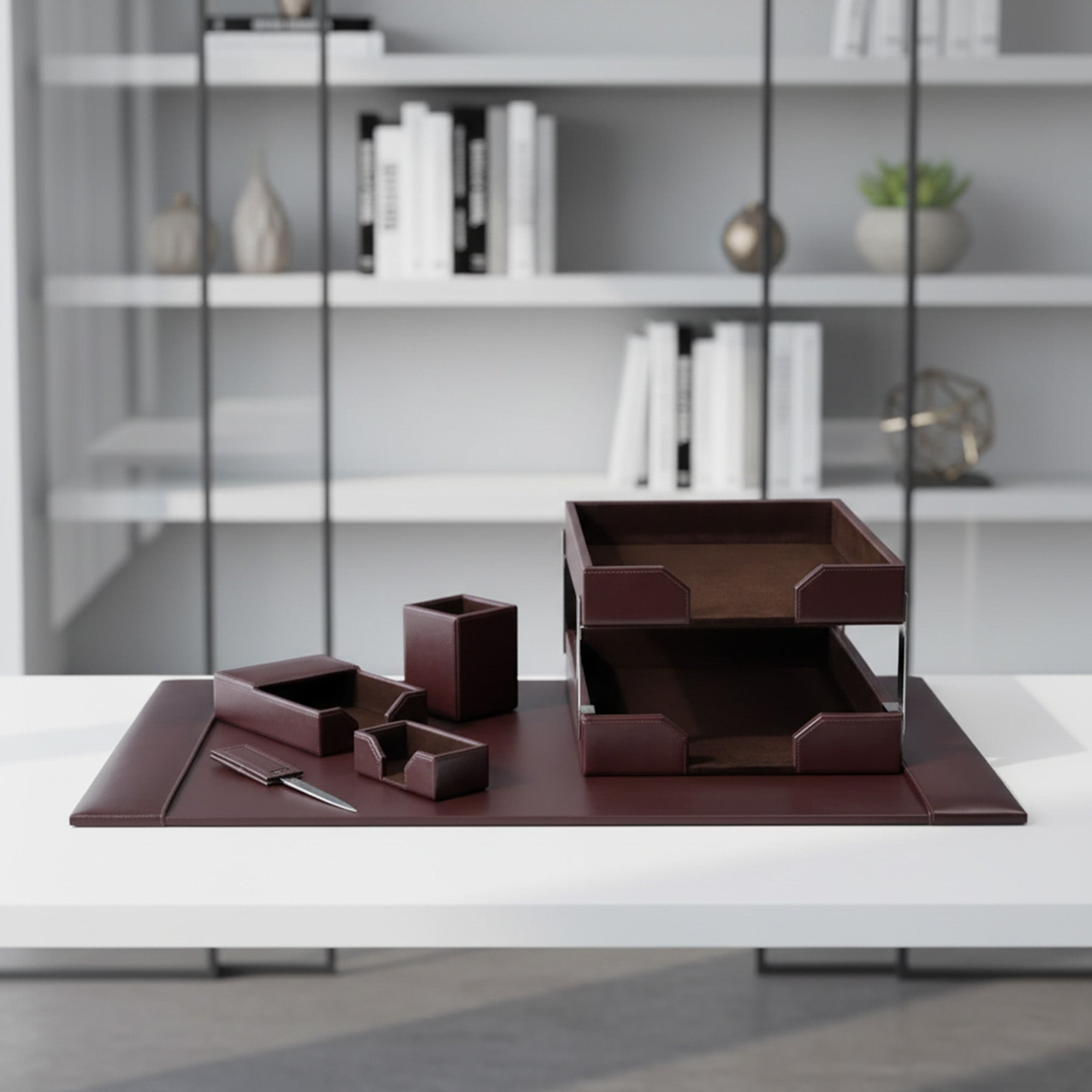 Dark Brown Bonded Leather 8-Piece Desk Set