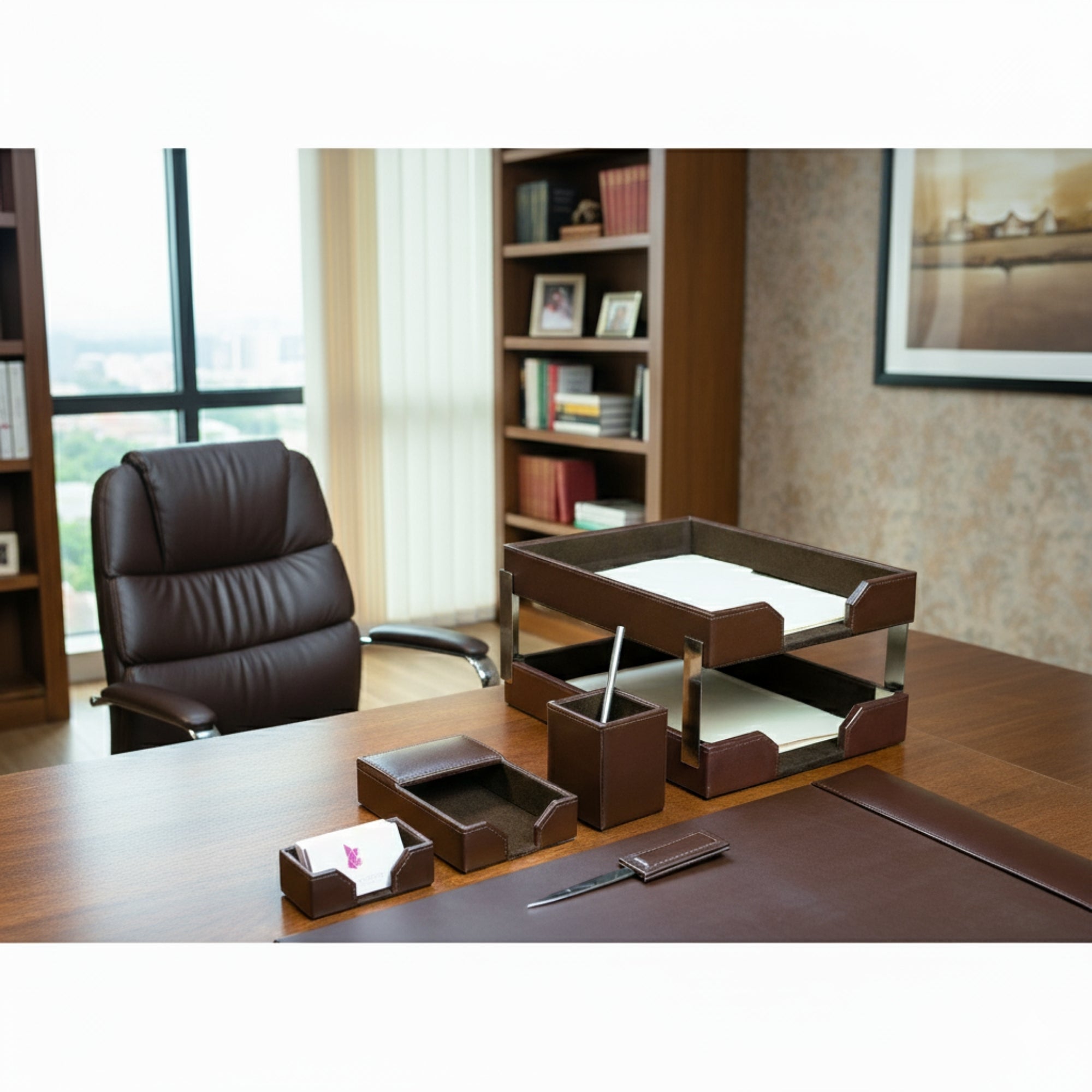 Dark Brown Bonded Leather 8-Piece Desk Set