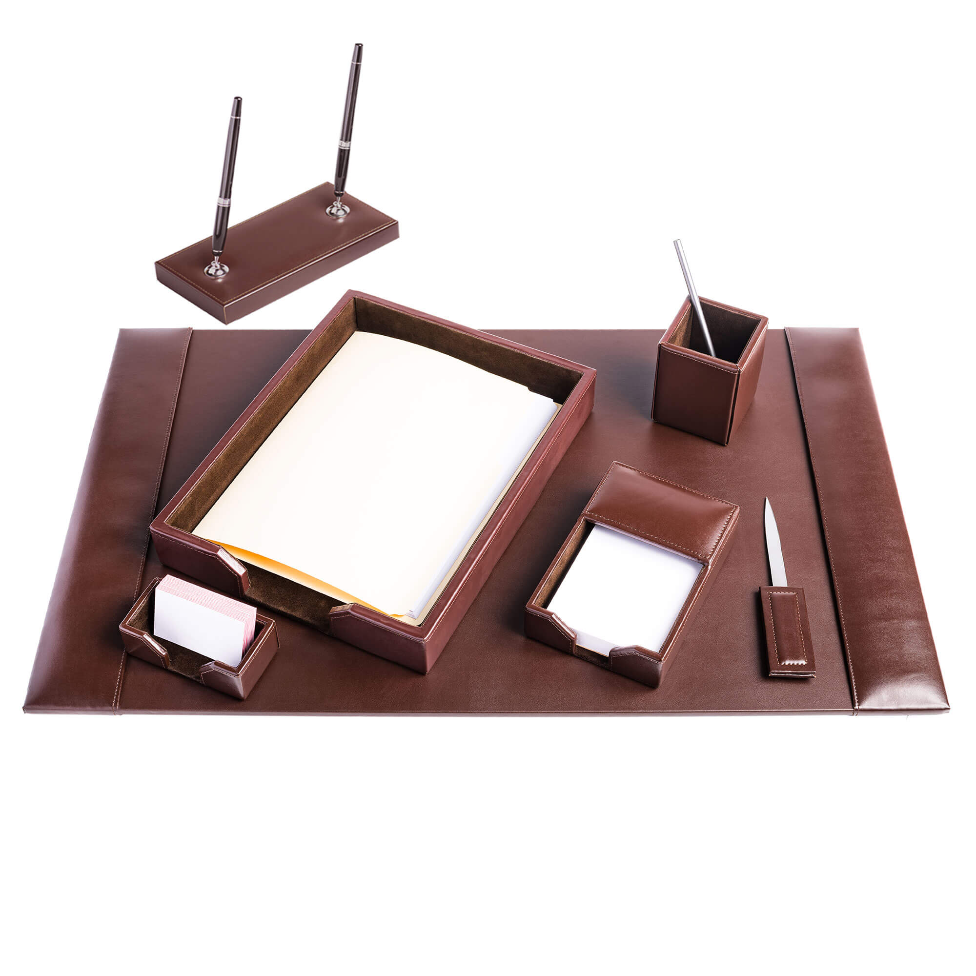 Dark Brown Bonded Leather 7-Piece Desk Set
