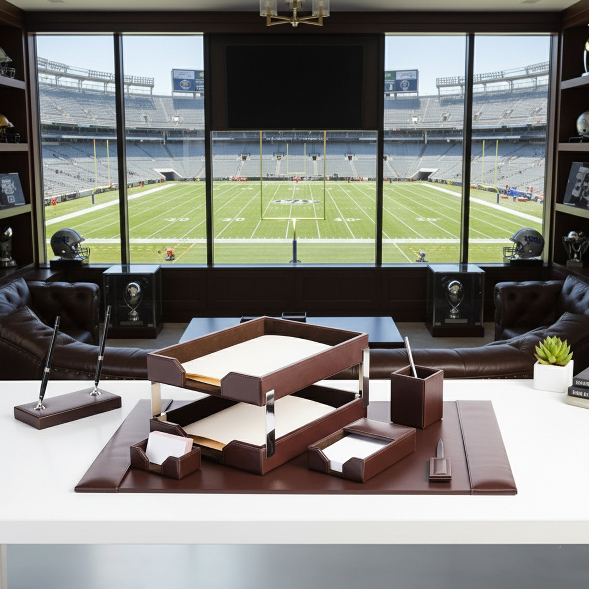 Dark Brown Bonded Leather 9-Piece Desk Set