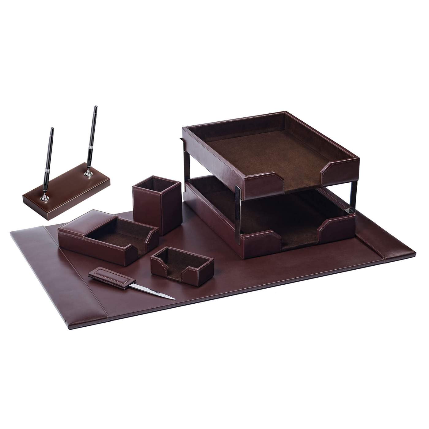 Dark Brown Bonded Leather 9-Piece Desk Set