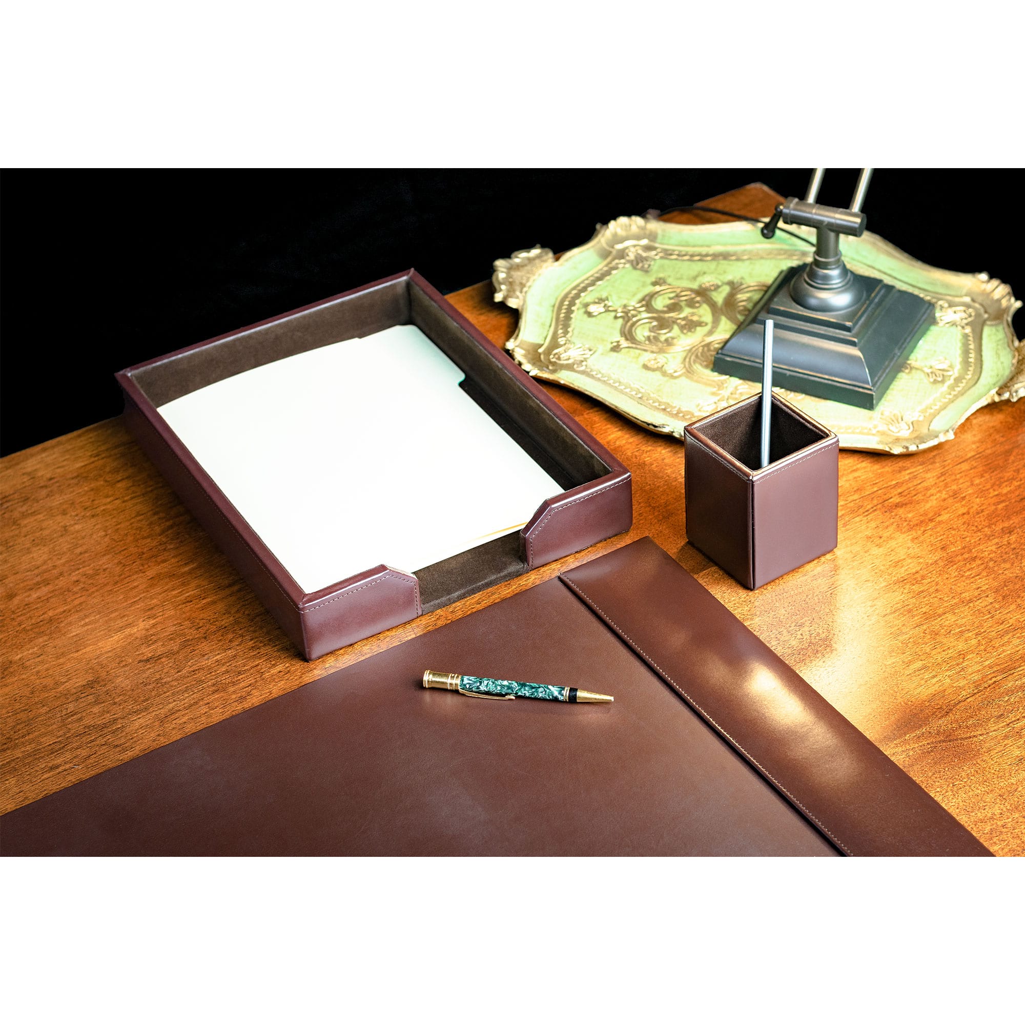 Dark Brown Bonded Leather 3-Piece Desk Set