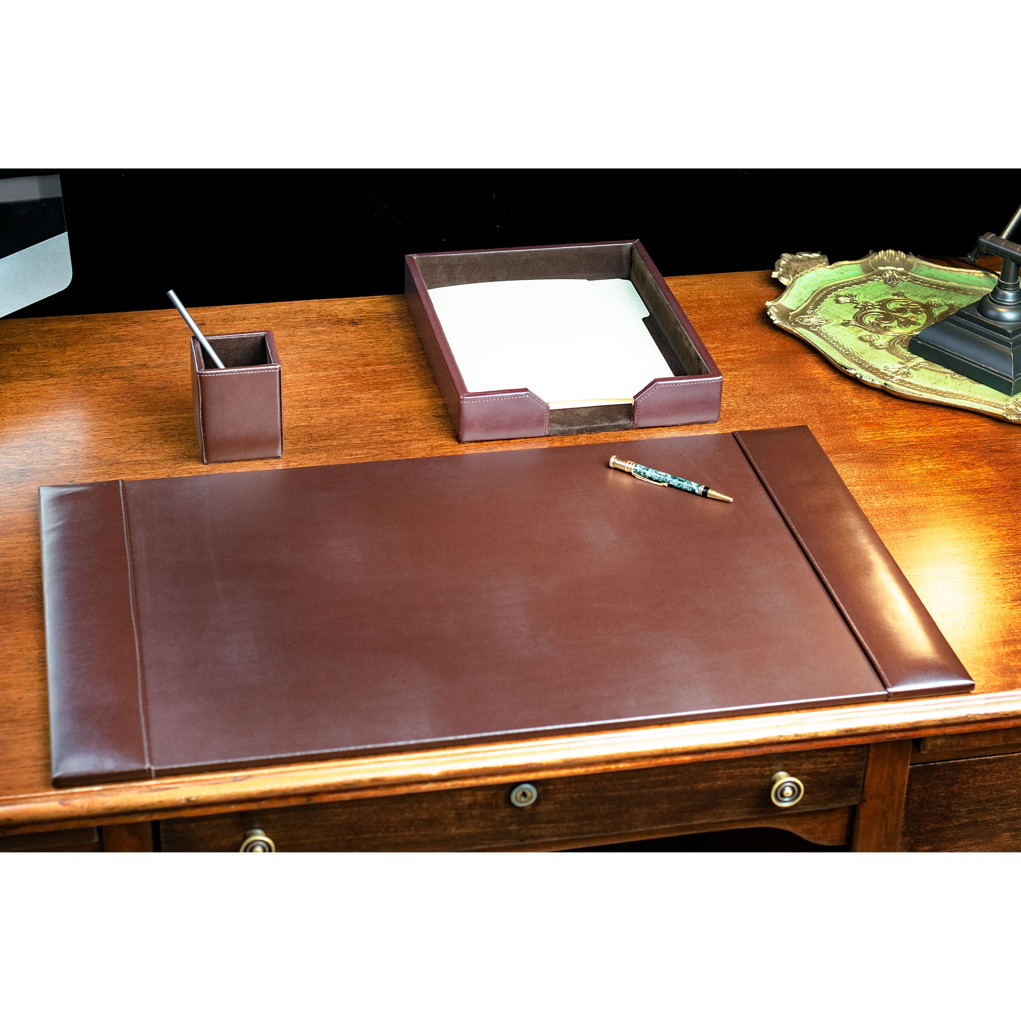 Dark Brown Bonded Leather 3-Piece Desk Set