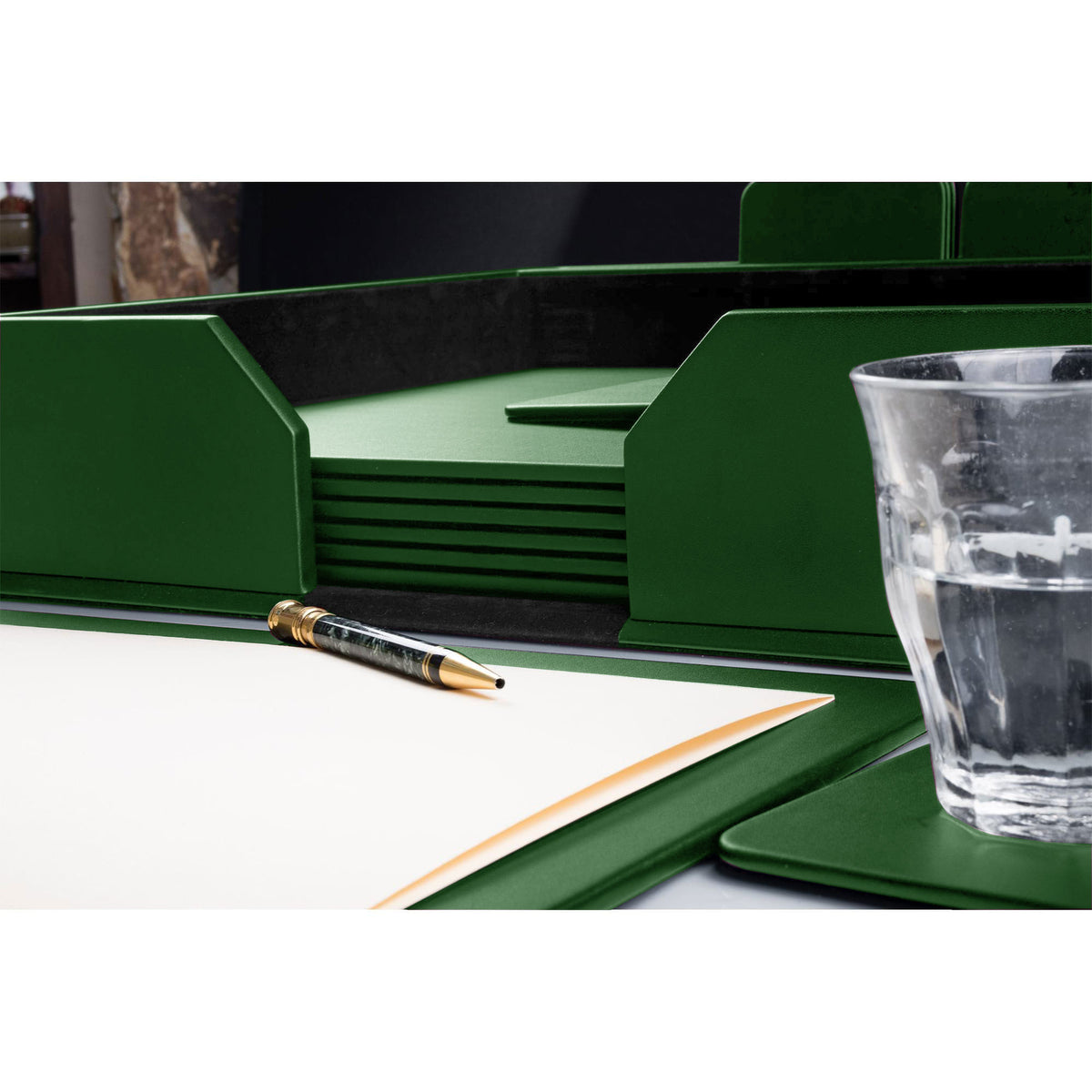 10 Seat Dark Green Leather Conference Room Set w/ Square Coasters, 17 x 14 Size Pads