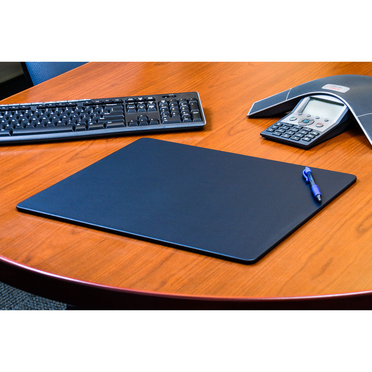 10 Seat Navy Blue Leatherette Conference Room Set w/ Square Coasters, 17 x 14 Size Pads