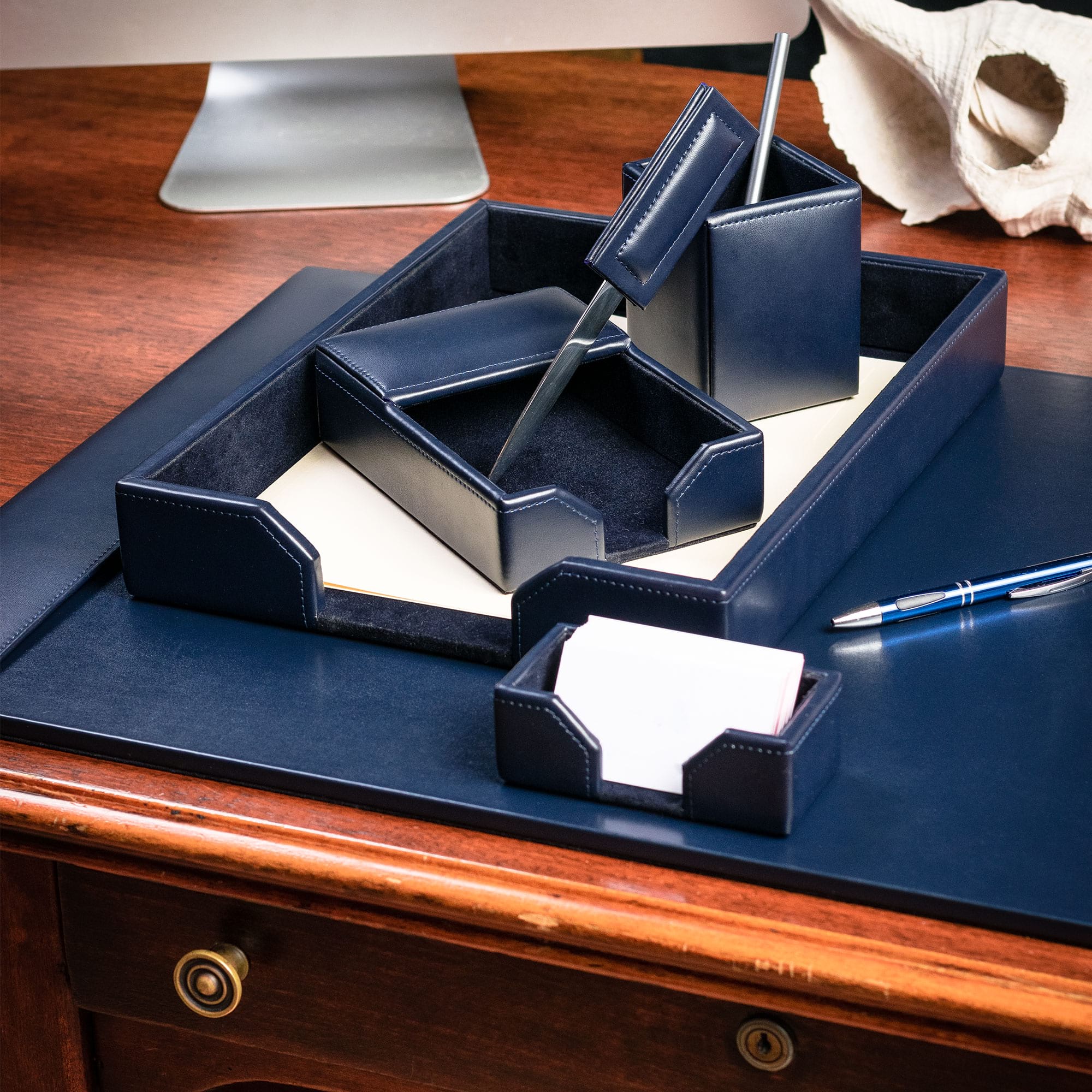Navy Blue Bonded Leather 6-Piece Desk Set