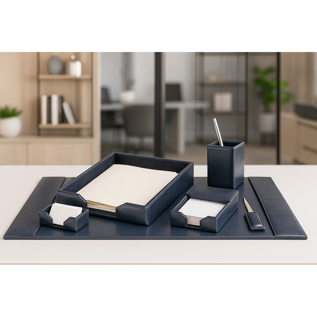 Navy Blue Bonded Leather 6-Piece Desk Set