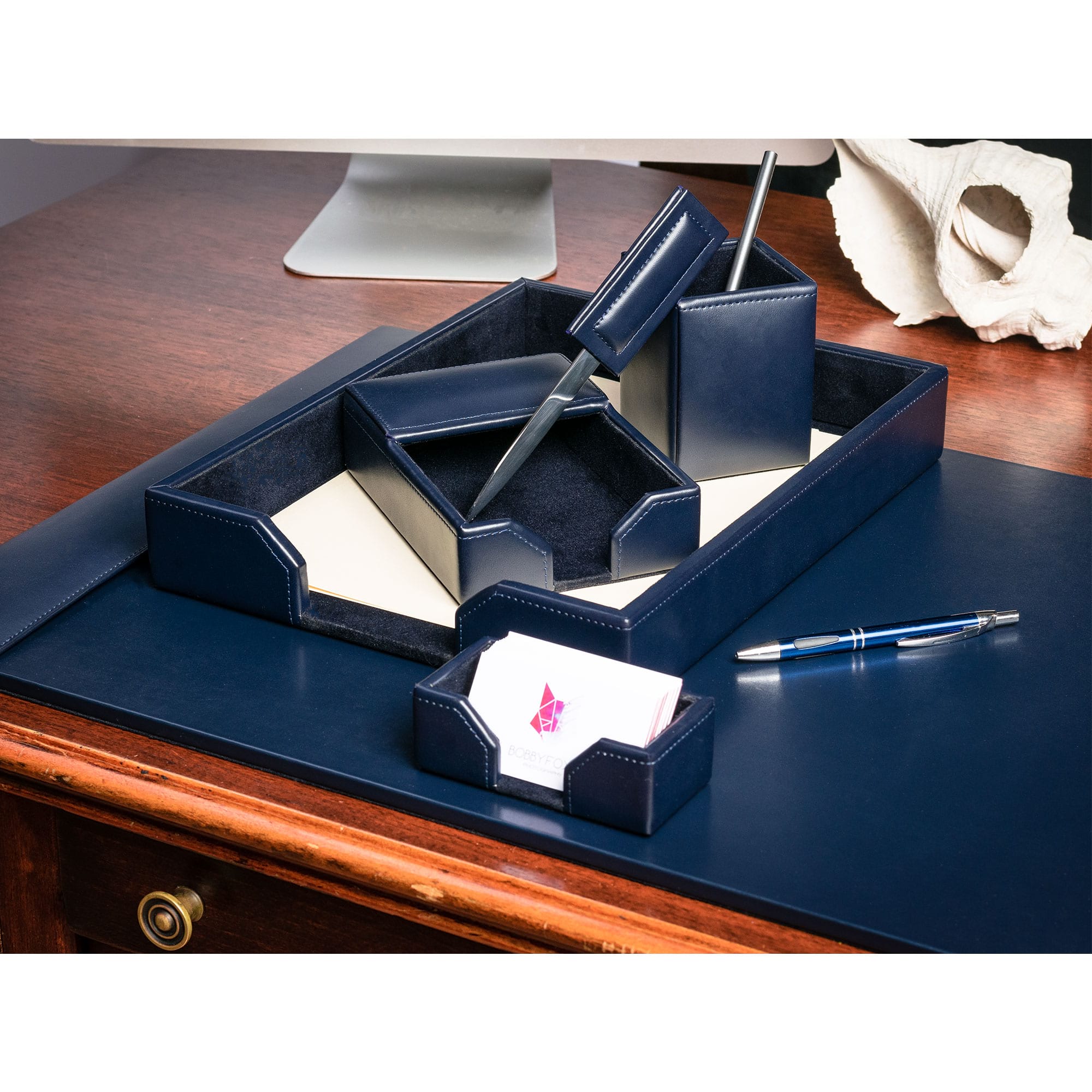 Navy Blue Bonded Leather 6-Piece Desk Set