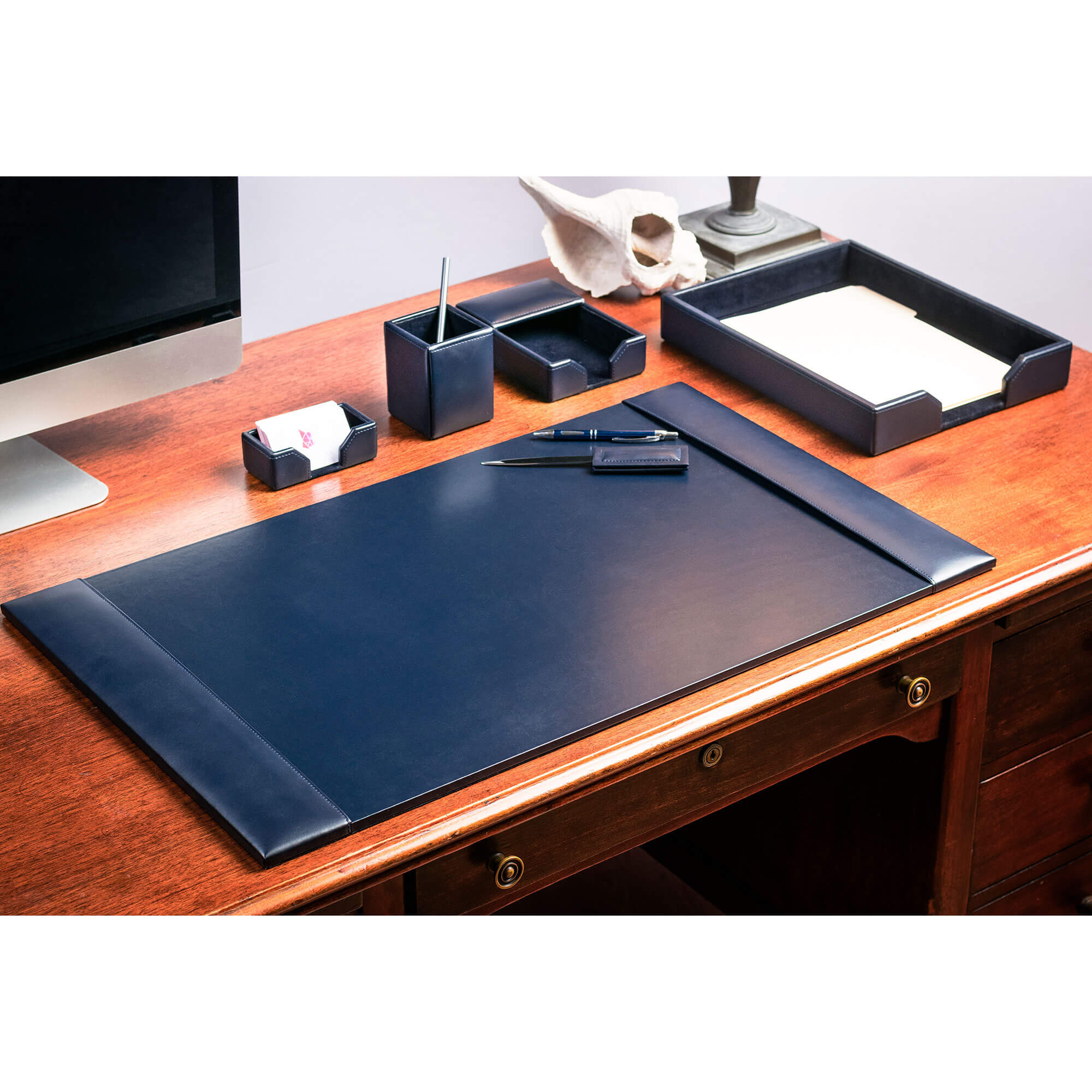 Navy Blue Bonded Leather 6-Piece Desk Set