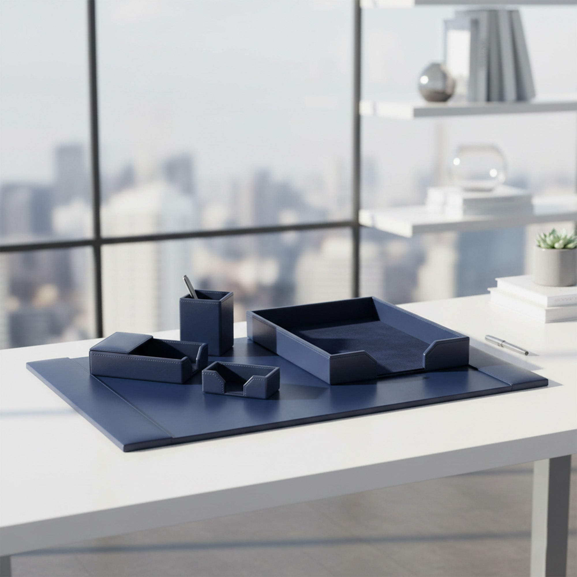 Navy Blue Bonded Leather 5-Piece Desk Set